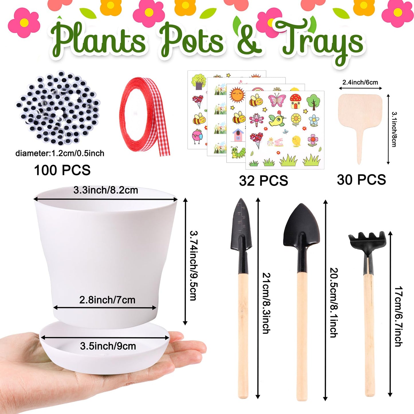 Aweyka 30 Pack Garden Plastic Pot Craft Kit DIY Flower Plant Crafts Nursery Pots with Stickers Flower Planting Growing Kit for Spring Summer Home Classroom School Creative DIY Art Project Activities