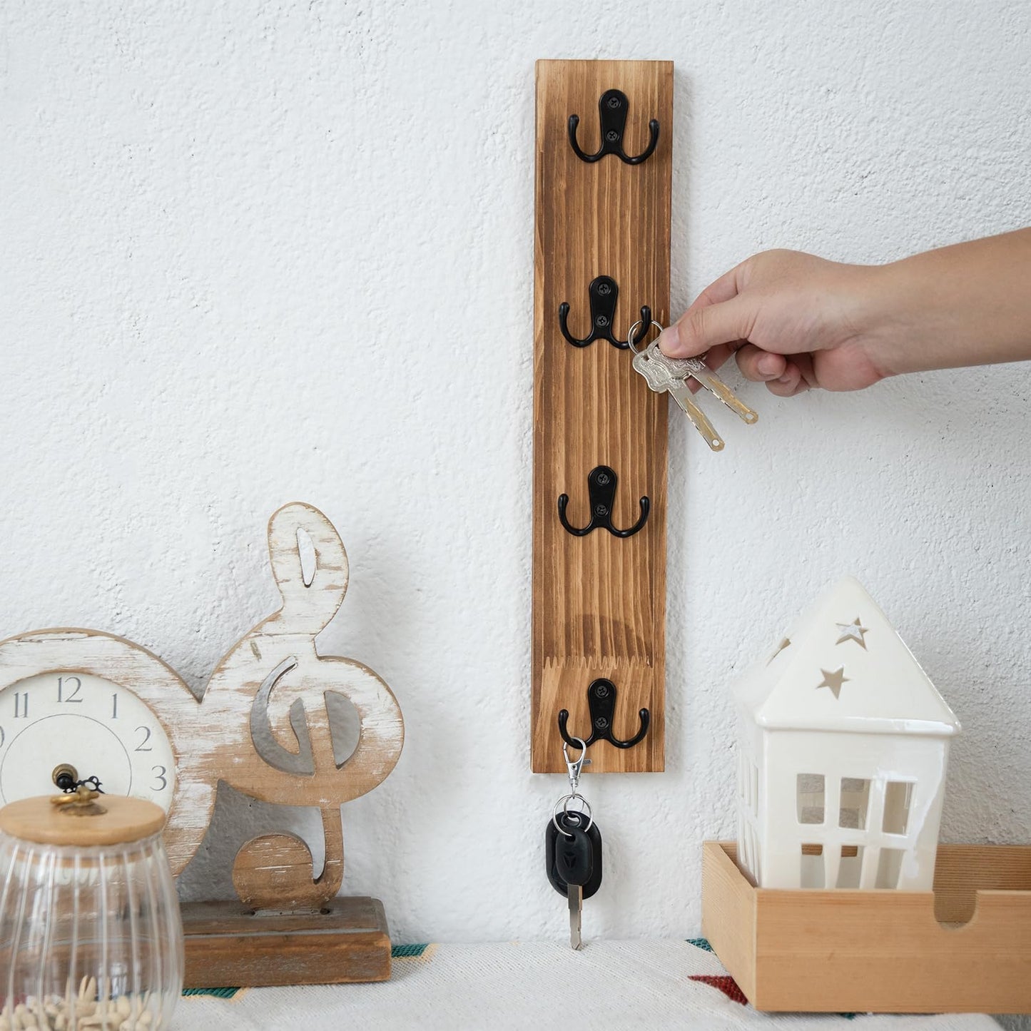 Yohsnor Vertical Key Holder for Wall - Mounted Wooden Key Rack Organizer with Hooks for Home Entryway, Laundry Room & Garage - Perfect Space-Saving Storage Solution for Keys, Wallets & Pet Leashes