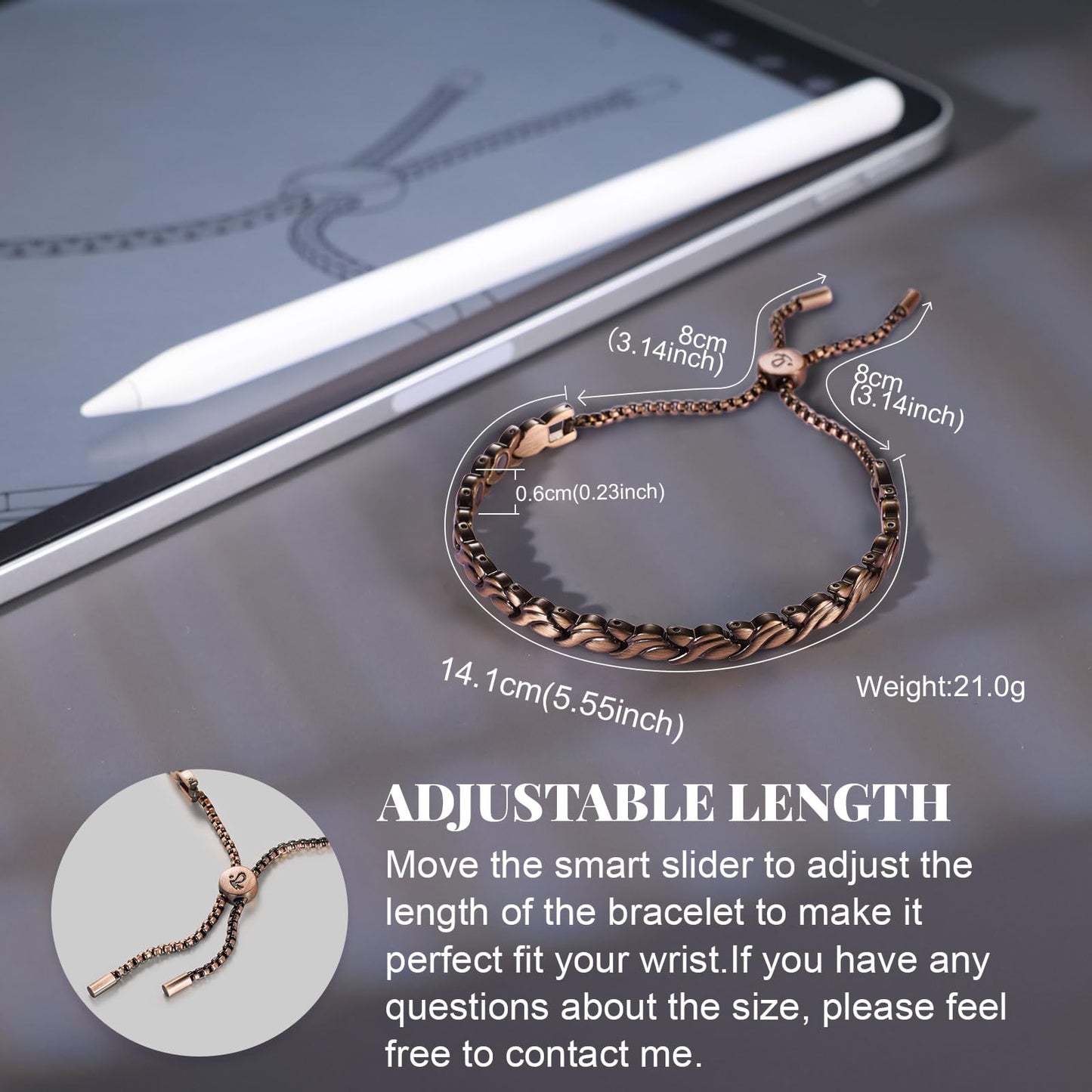 RainSo Women 99.99% Pure Copper Magnetic Bracelets Adjustable Design with Display Box(petal pattern)