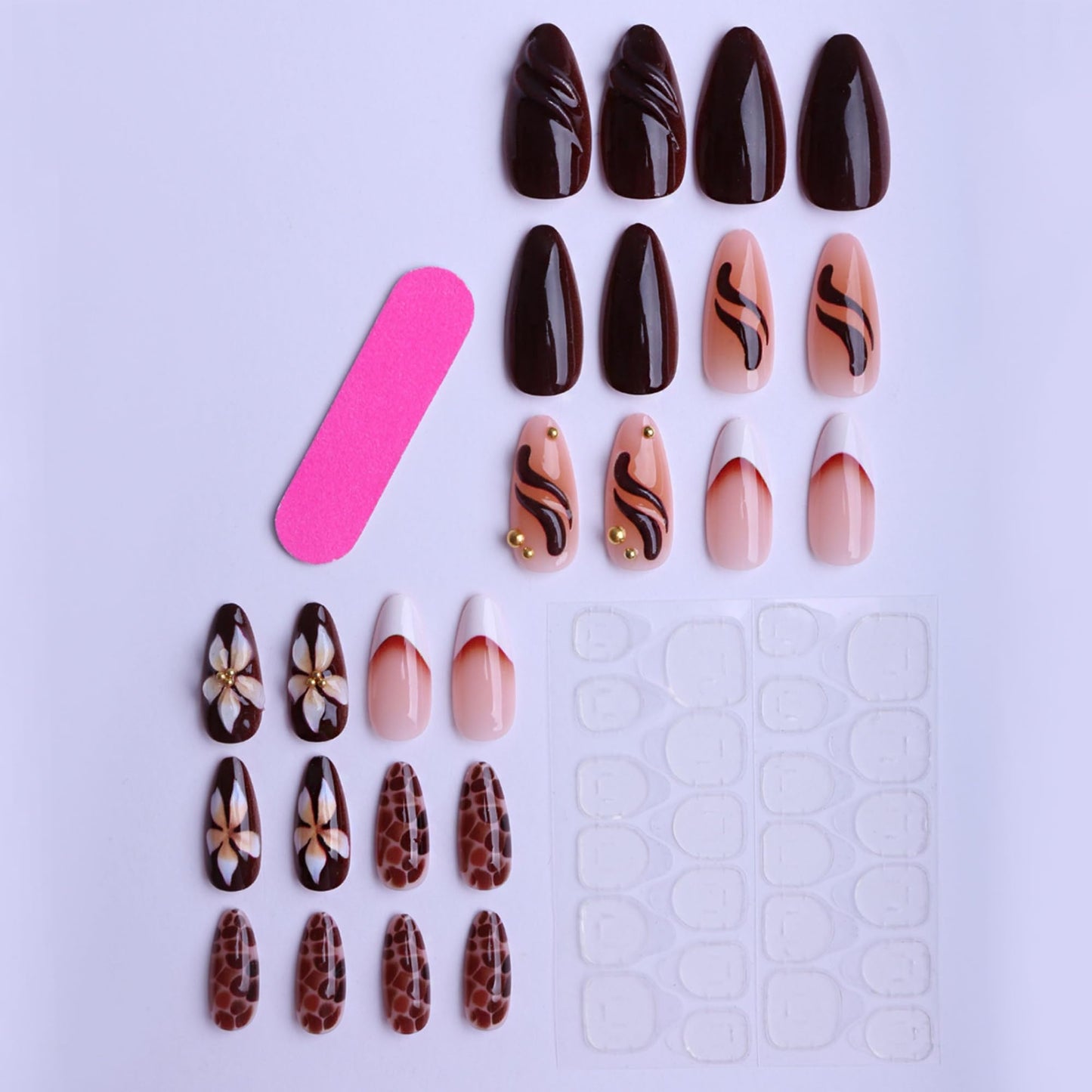 SEENEEY Long Press on Nails Almond Fake Nails Brown Artificial Nail 3D Floral Designs Tortoise Shell Stick on Nail for Women 24pcs