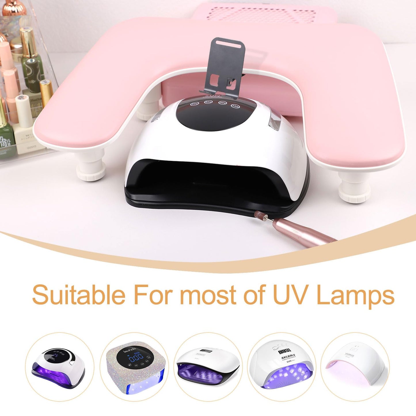 Arm Rest for Nails Tech with a Build-in Phone Holder,U shaped Adjustable Base Manicure Nail Hand Rest Stand Pillow Cushion (Pink)