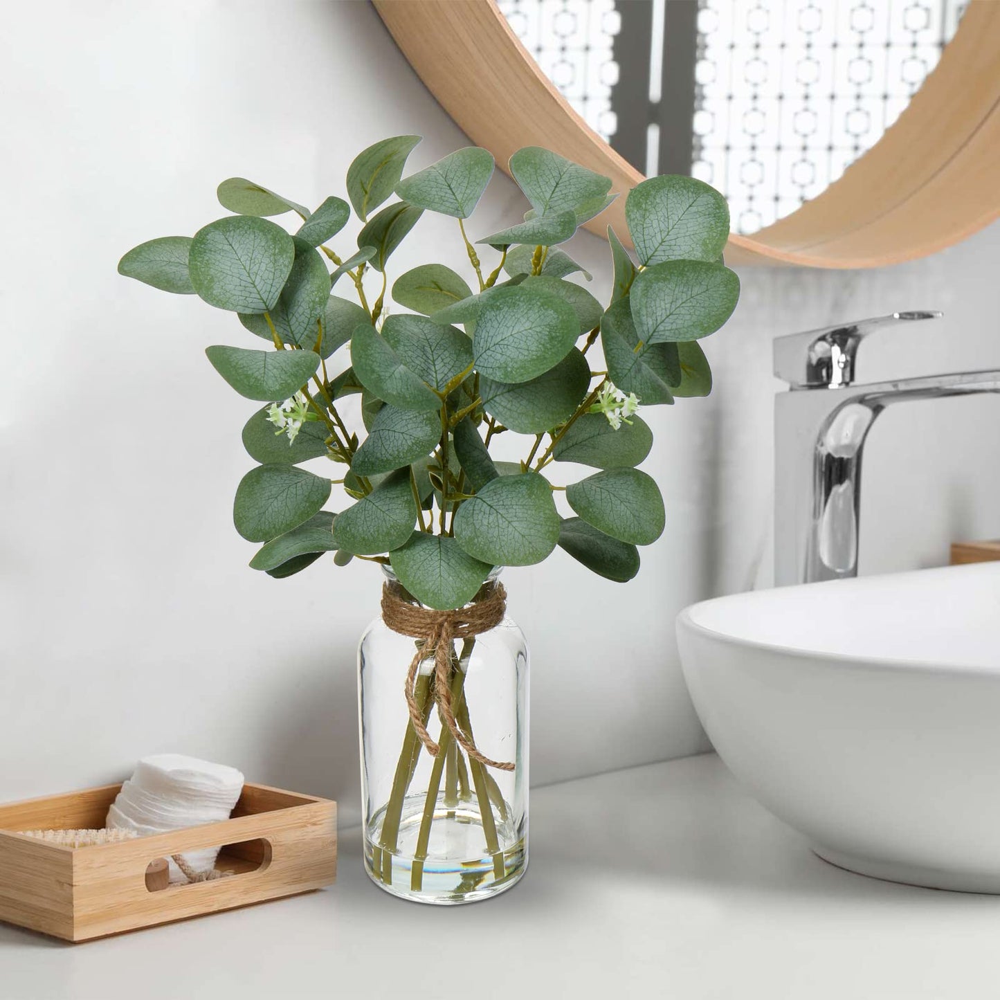 Briful Artificial Eucalyptus Stems in Glass Vase with Faux Water, 14" Fake Plant Eucalyptus Leaves for Home Farmhouse Wedding Centerpiece Bathroom Décor, 2 Packs