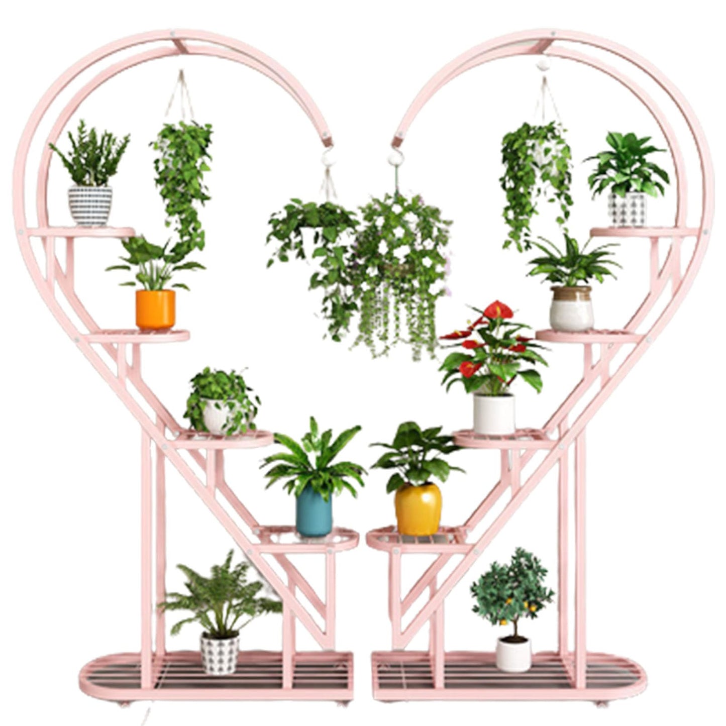 Eiwitany Floor-Standing Wrought Iron Flower Stand Installation Simple Load-Bearing Strong Home Living Room Balcony Heart-Shaped Shelf (Pink)