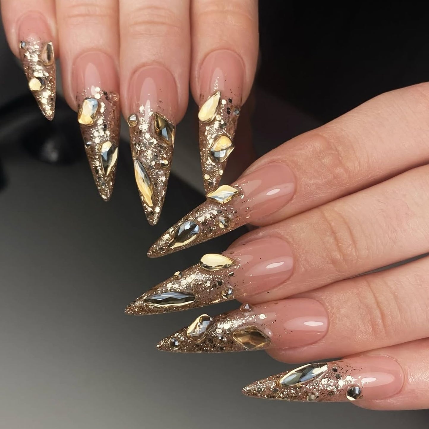 IMSOHOT Golden Press on Nails Long Stiletto Fake Nails Rhinestone & Glitter Full Cover Glue on Nails Glossy Acrylic Luxury Bling False Nails Handmade Artificial Stick on Fingernails