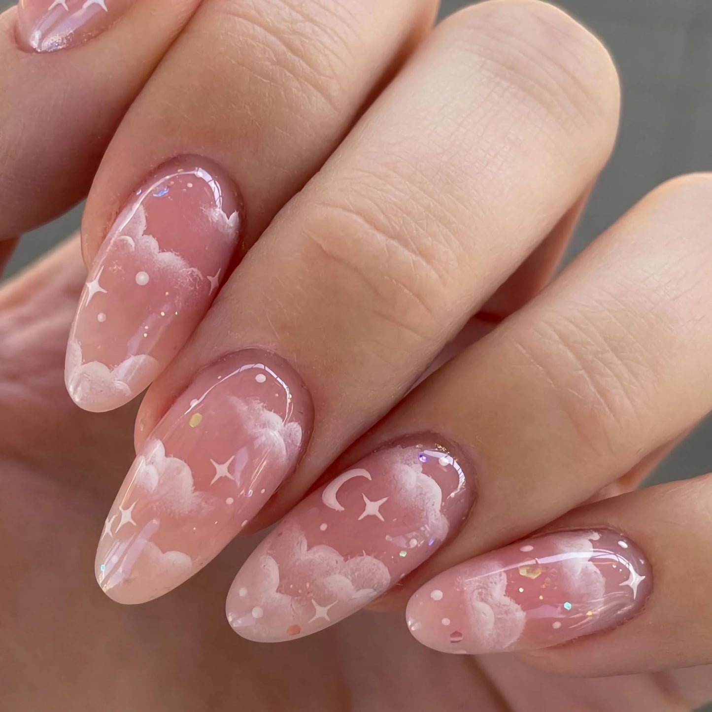 BABALAL Medium Almond Press on Nails, Pink Bling Glitter Acrylic Nails with Cute Cloud Design, 24Pcs Full Cover Glue on Nails