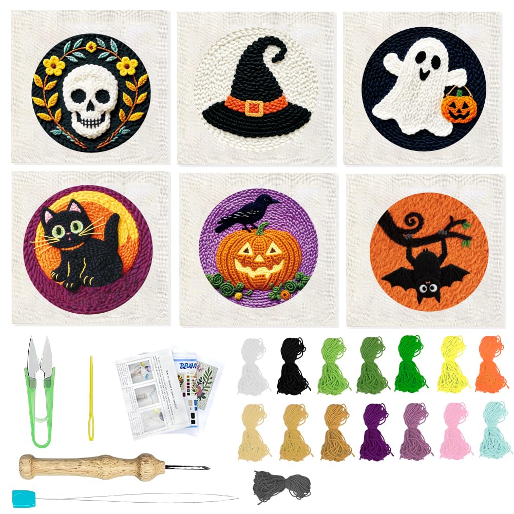 ACRNIGHEET 6Pcs Punch Needle Kits for Adults Beginners Include Instructions, Halloween Punch Needle Embroidery Kit, Pre-Printed Pattern, Embroidery Hoop, Yarns, Needles, DIY Crafts Gifts Idea