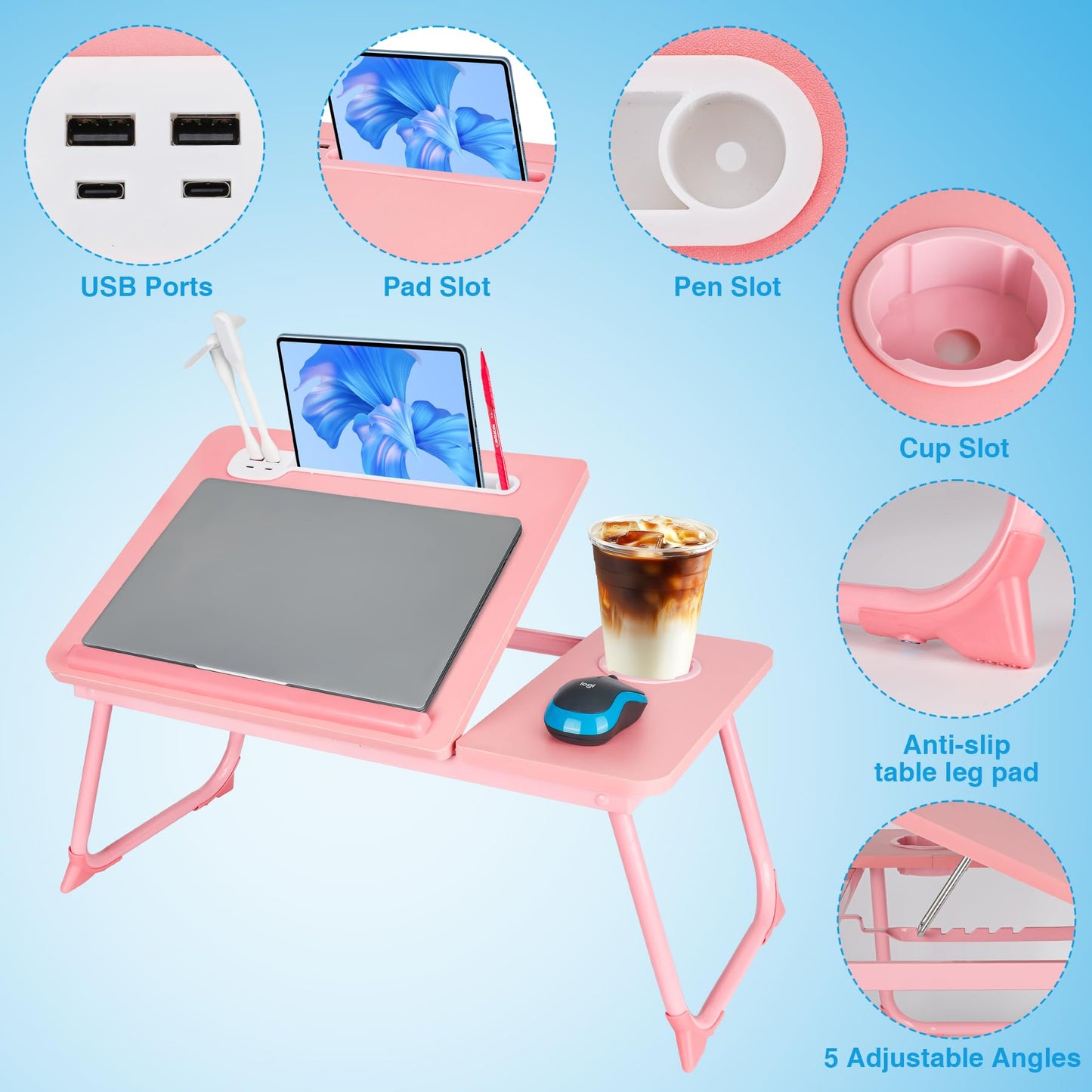 Laptop Bed Desk, Adjustable Lap Desk, Small Laptop Table with USB Charge Port, Desktop Card &Pen Slot, Cup Holder, Foldable Bed Tray Table for Couch Sofa Chair Floor Eating Working