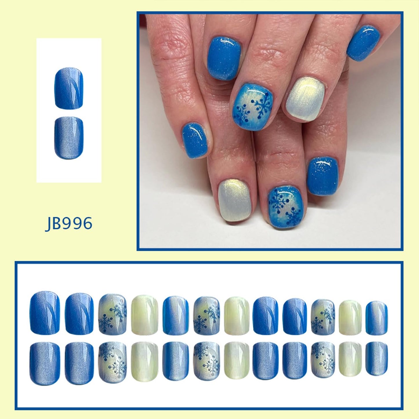 LWTZLW Christmas Press on Nails Snowflake Short Square False Nails Blue White Glitter Full Cover Glue on Nail Blue Snowflake Design Acrylic Fake Nails Winter Artificial Glossy Nail Reusable for Women