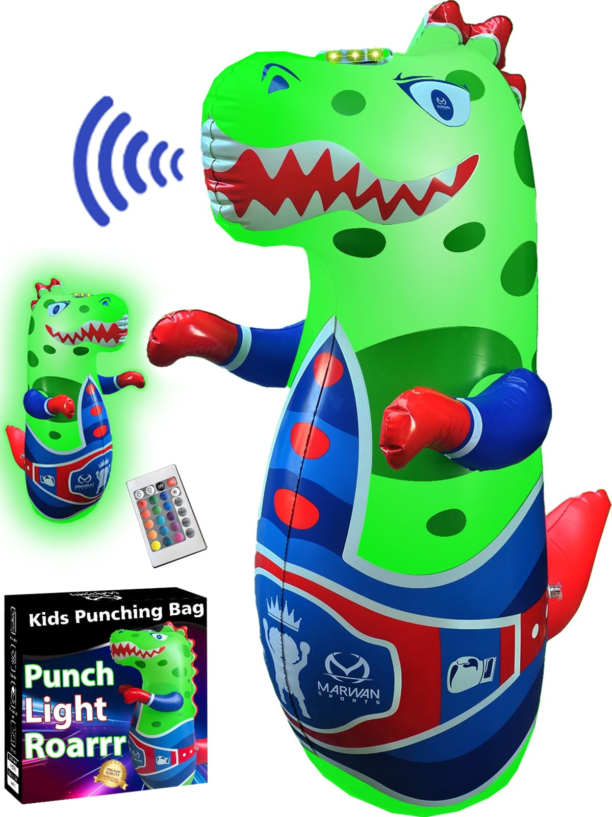 Marwan Sports Punch, Light & Roar Dinosaur Punching Bag – 47" Inflatable Bop Bag for Kids Ages 3-14 | Bounce-Back Toy with Lights & Roaring Sounds | Active Play Gift for Toddlers & Children