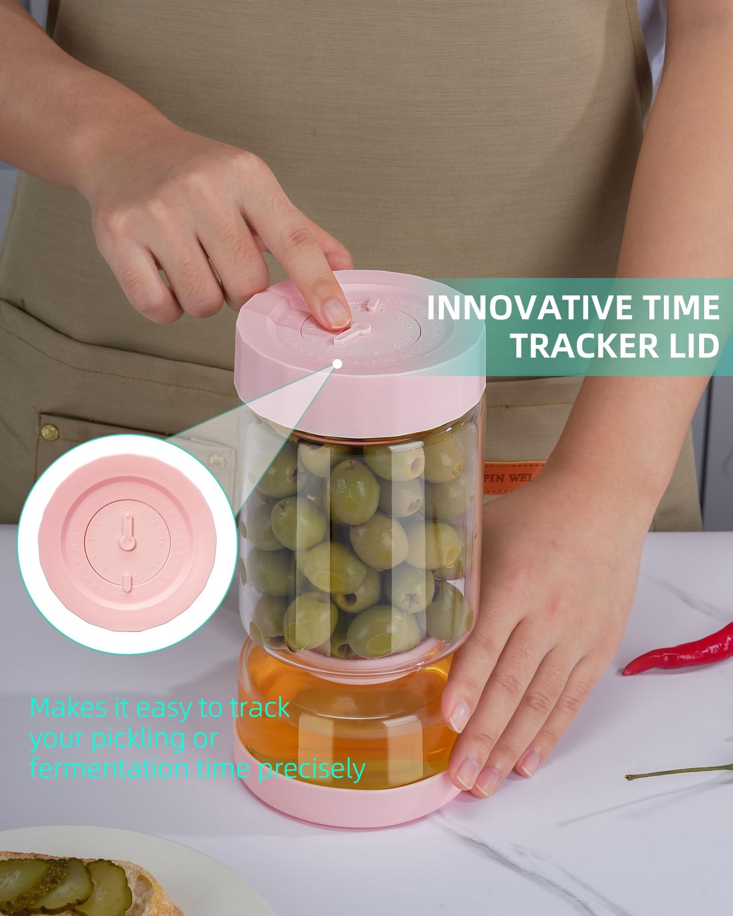 ZENS Pickle Jar with Strainer Flip, 37 oz Hourglass Pickle Juice Separator Container, Airtight Leakproof Lid, Dual Wet-Dry Design, Time Tracker Lid – 2 Pack Olive & Kimchi Jars