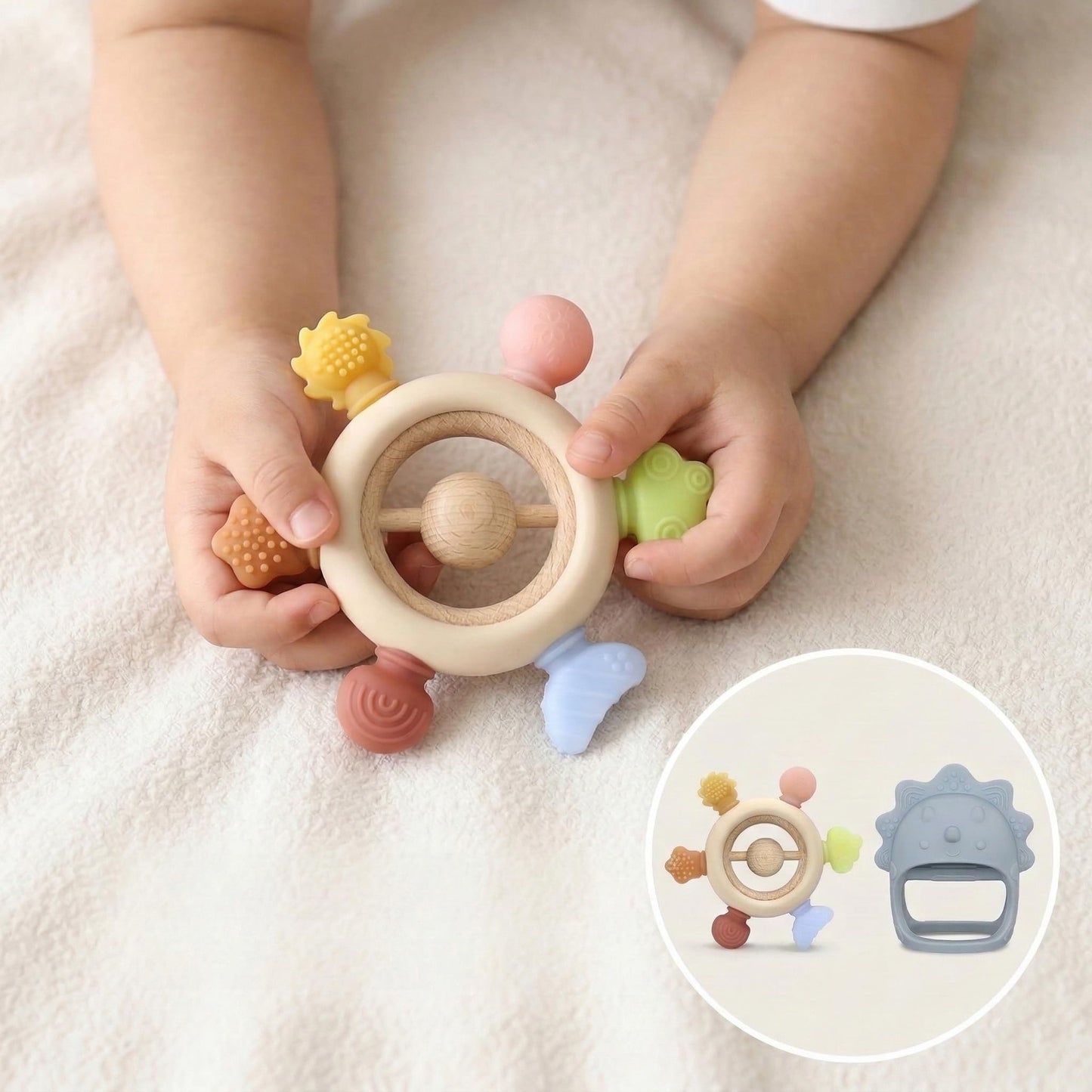TINBLII Baby Teething Toys 2 Pack, Dinosaur Mitten Teether and Ring Sun Teether with 6 Chewing Points, Silicone Chew Toys for Infants 0-6 6-12 Months, BPA Free Soothing Gum Relief Set (Blue)