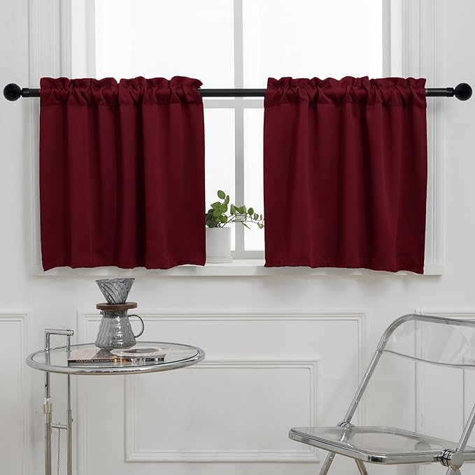 Pickluc Blackout Kitchen Curtain 24 Inches Long, Rod Pocket Cafe Tier Curtains for Small Window Treatment in Living Room, Basement, RVs, Cabinets, 2 Panels, W24 X L24 Inch, Burgundy Red