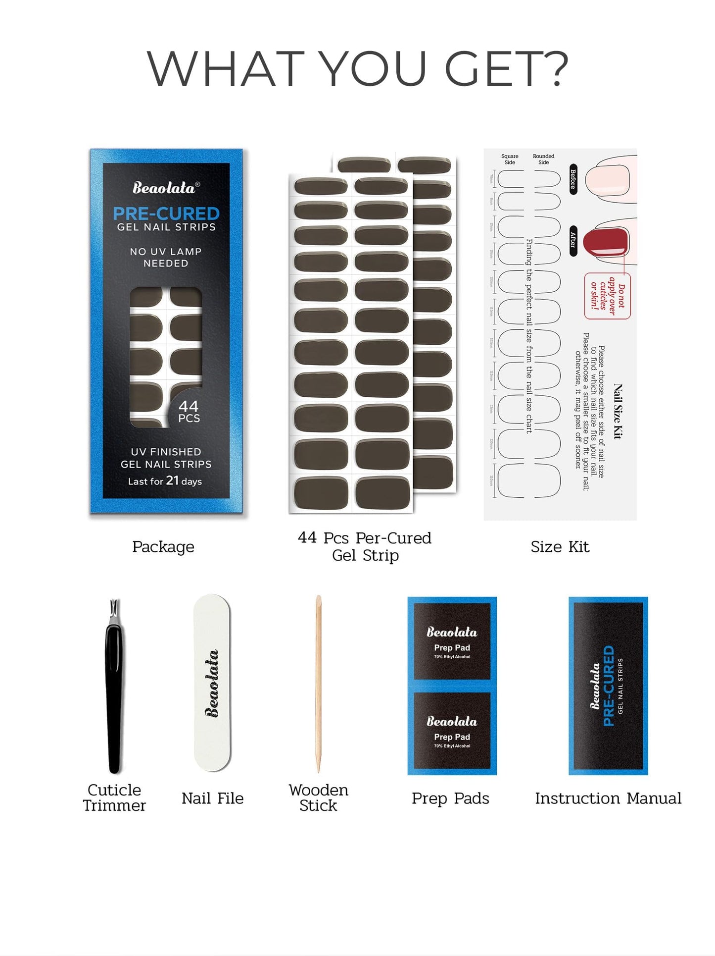 Beaolata Real Gel Nail Strips (No UV Light Needed) - 44Pcs Salon Quality Nail Stickers - Long Lasting Polish Wraps for Women, Easy Apply & Remove (Fern Brown)