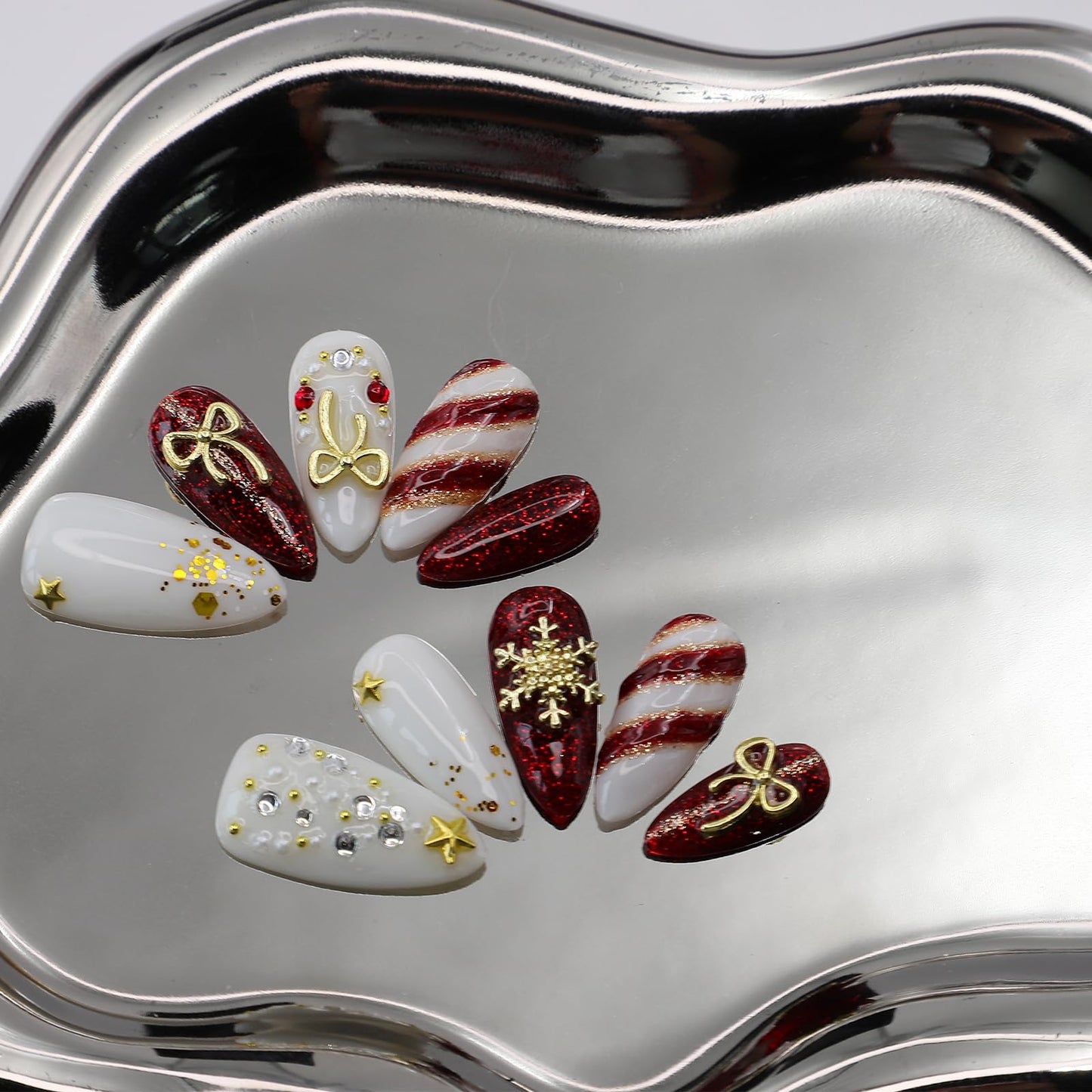 10Pcs Christmas Press on Nails Handmade Almond Fake Nails with 3D Bow Snowflake Rhinestone Design Red White Stripe Christmas Nails Acrylic Nails Press ons Handmade Xmas Glue on Nail for Women (S)