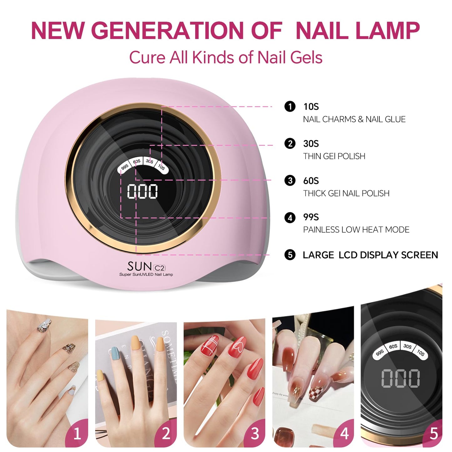 WEVILI 288W Professional UV LED Nail Lamp with 63 Beads - Fastest Gel Curing Dryer for Home & Salon, Smart Sensor, LCD Display & 4 Timers, Pink Salon-Grade Light