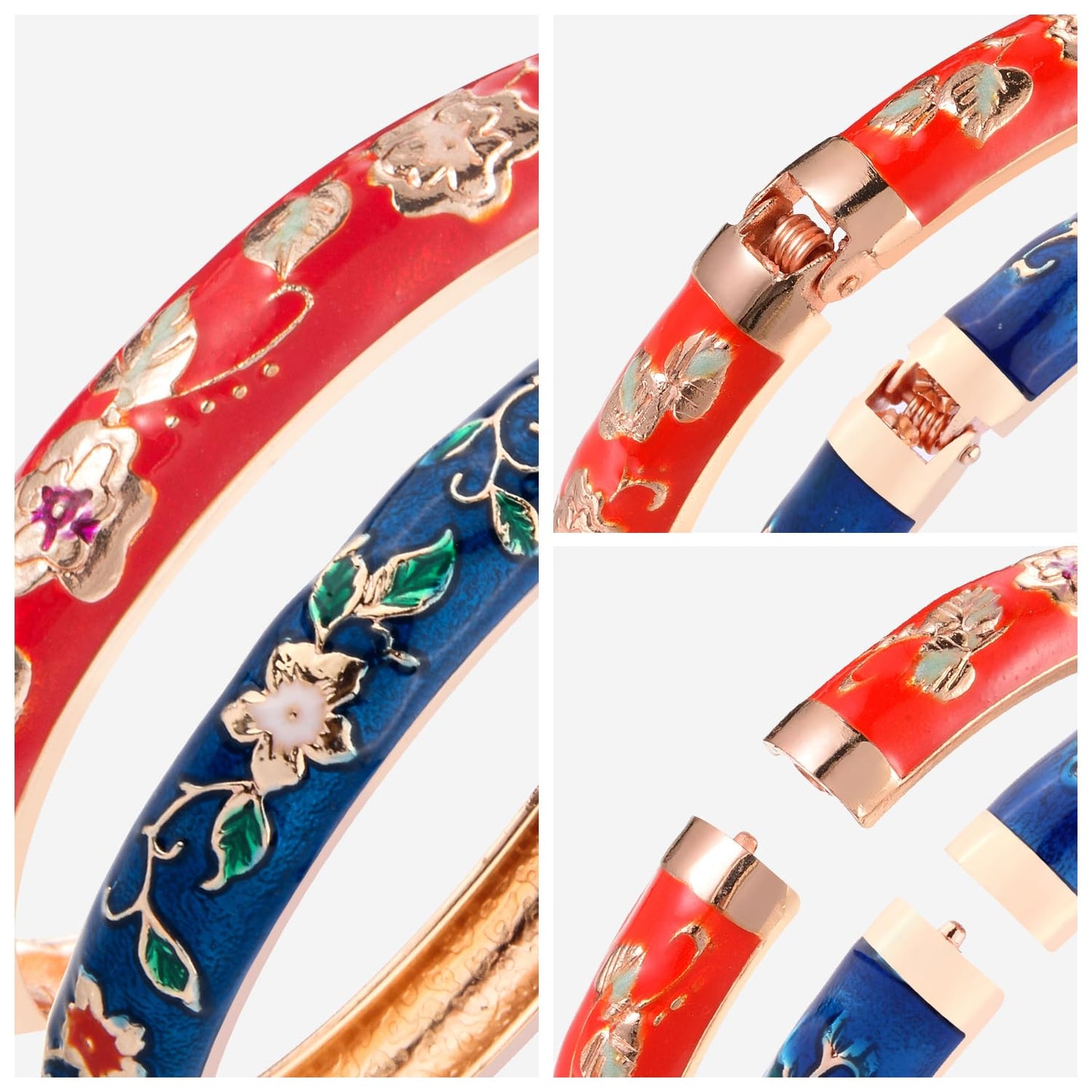 UJOY Cloisonne Bracelet Hinge Indian Cuff Bangle Enameled Jewelry Flower Bracelets for Women Gift Box 55A82-55A87 Blue red