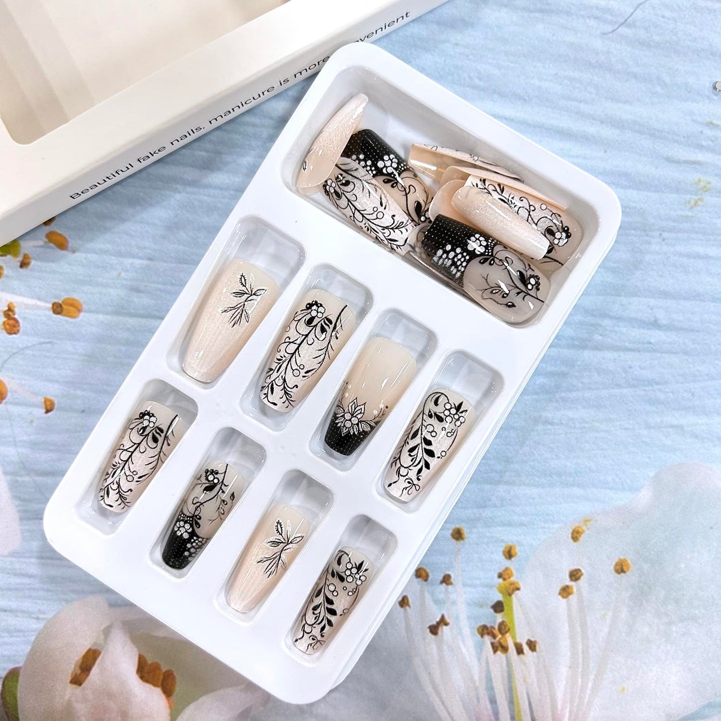 CJDLTS Press on Nails Medium Length Ballet Shaped Black Branches Pattern Design Glossy Medium Acrylic False Nail Full Cover Artificial Press Ons Stick on Nail French Glue on Nails for Women 24Pcs