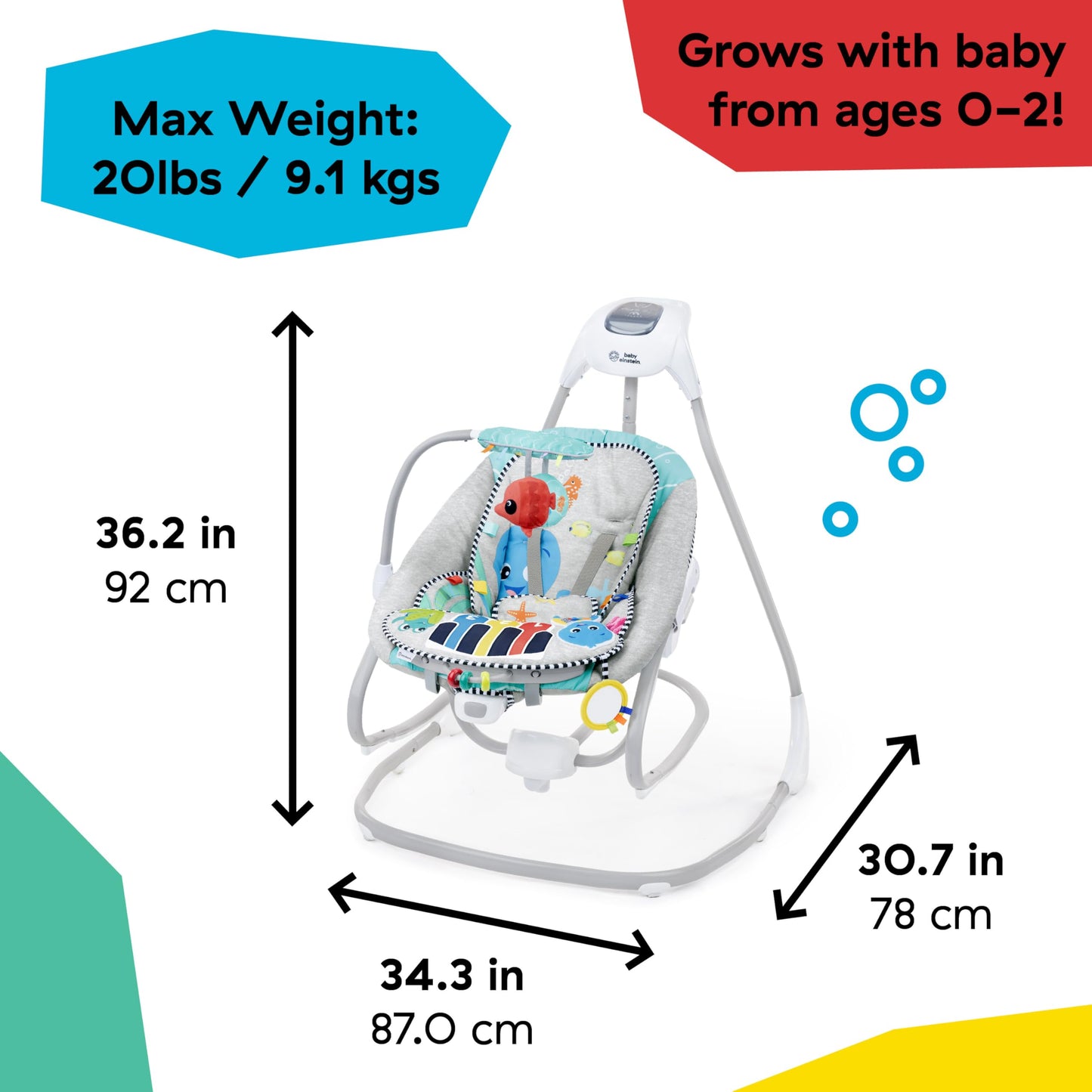 Baby Einstein Explorers Kick to It 4-in-1 Musical Baby Swing & Rocker, with Removable Piano Toy, Ages 0 Months and Up
