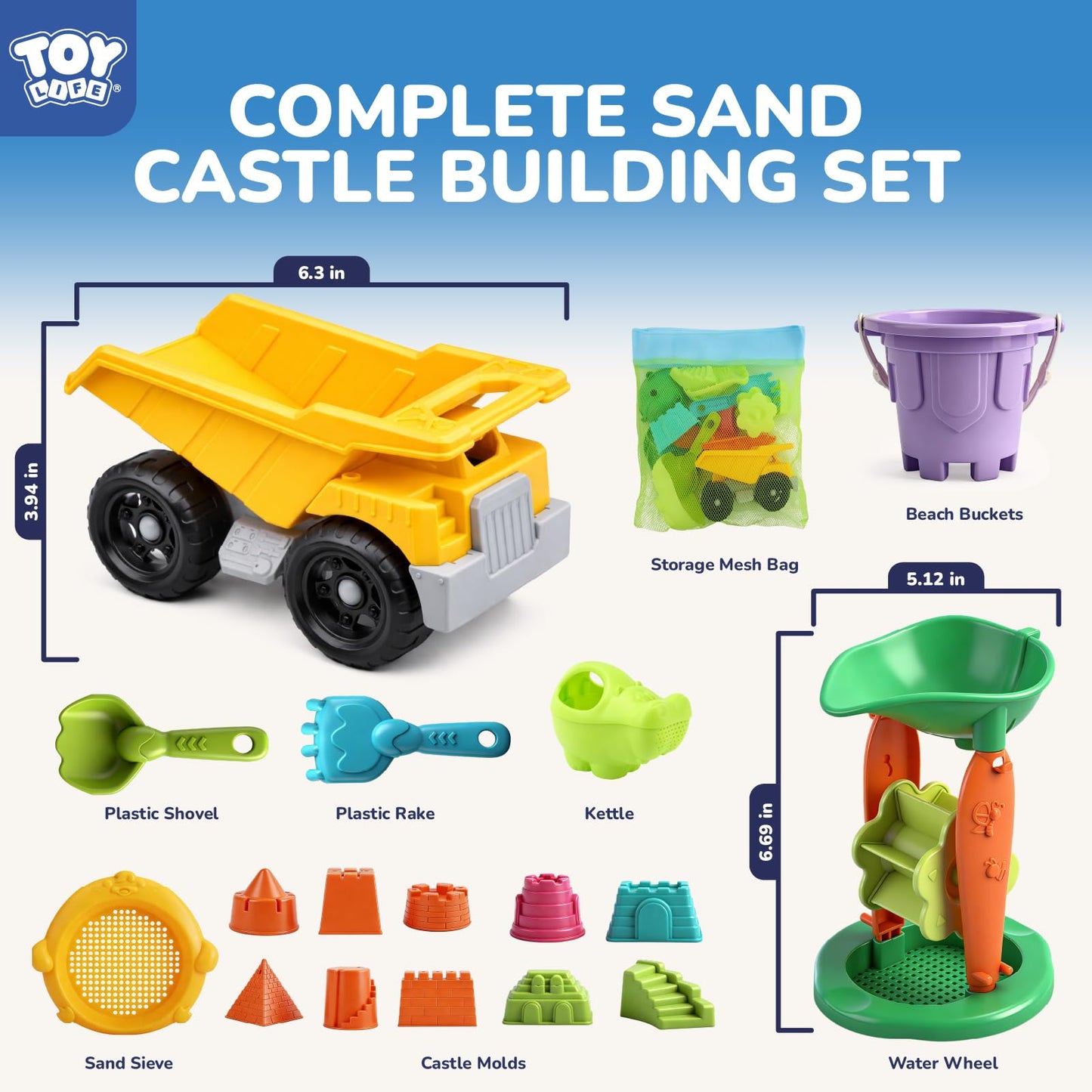 TOY Life 23 Pcs Beach Toys for Kids Sand Toys with Construction Cars Castle Bucket Shovels & Sand Castle Building Kit Molds, Sandbox Toy for Summer Water Play, Travel, Fishing
