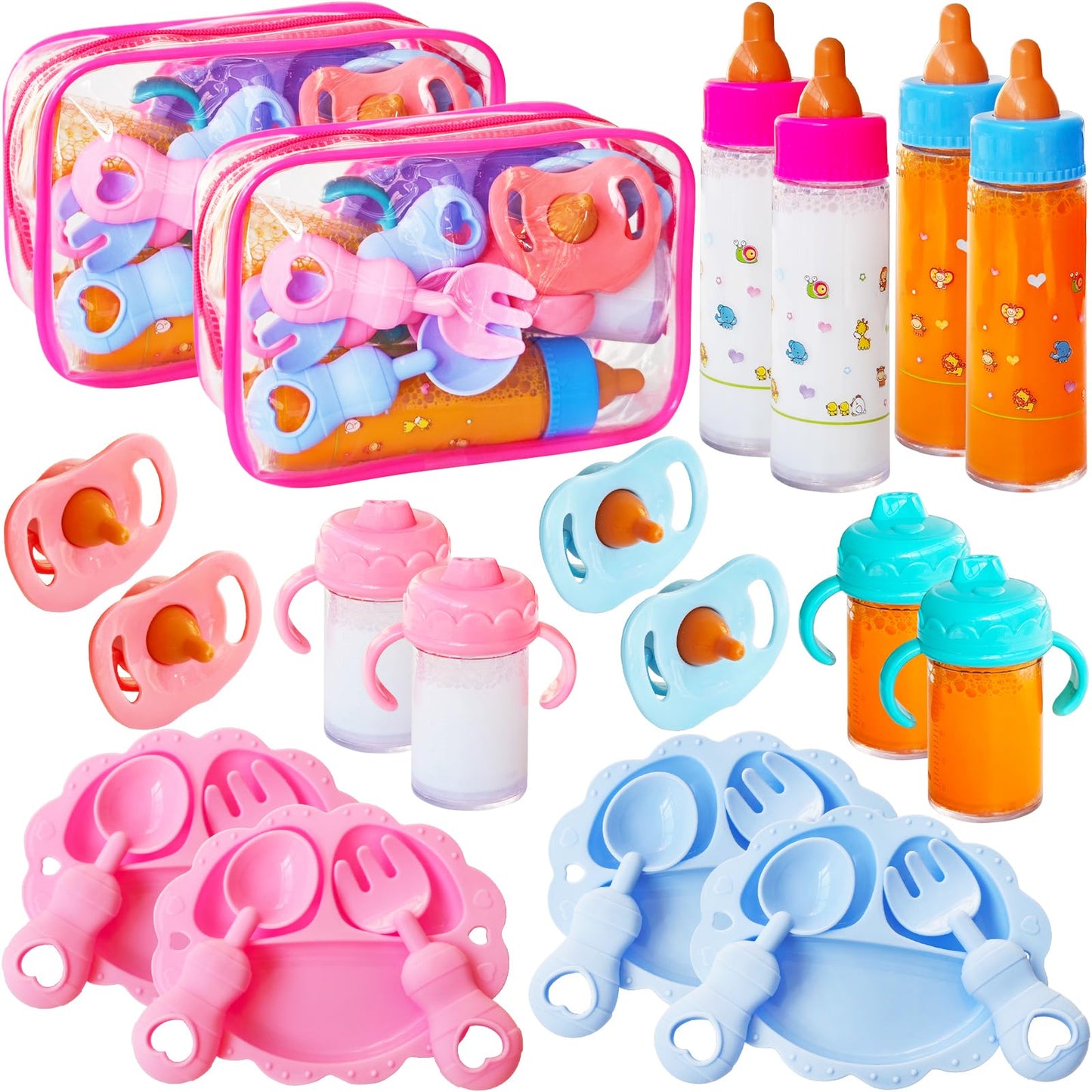 Woozettn 26 Pcs Baby Doll Accessories Magic Bottle Set,Pretend Play Feeding Toy Set with Package,Doll Feeding Set for Kids Girls,Magic Disappearing Juice Milk Bottles,Sippy Cups,Pacifiers,Bowl Spoons