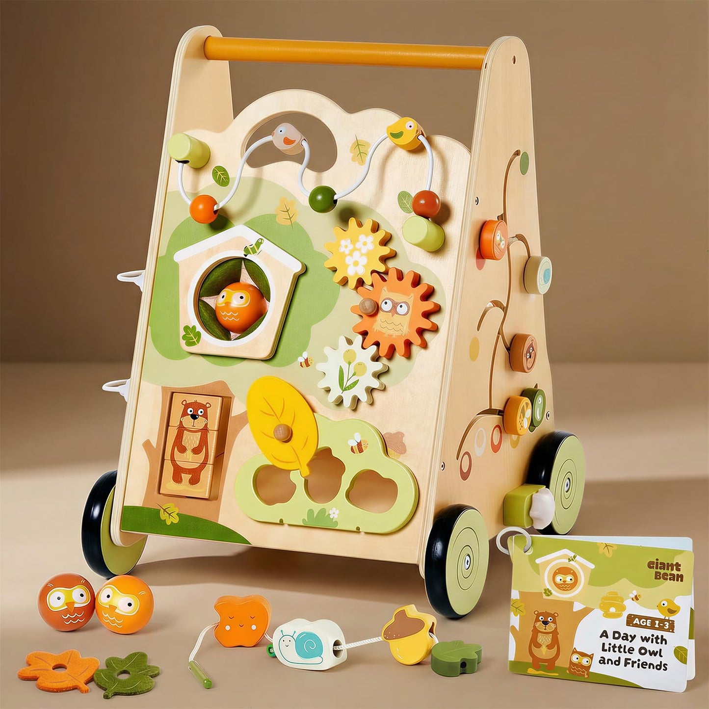 10-in-1 Wooden Baby Walker with Activity Center, Forest Montessori Push Toy for Toddlers 1–3, Bead Maze, Shape Sorter, Gears, Puzzles Fine-Motor Learning, Speed Adjustable Wood Walker for First Steps