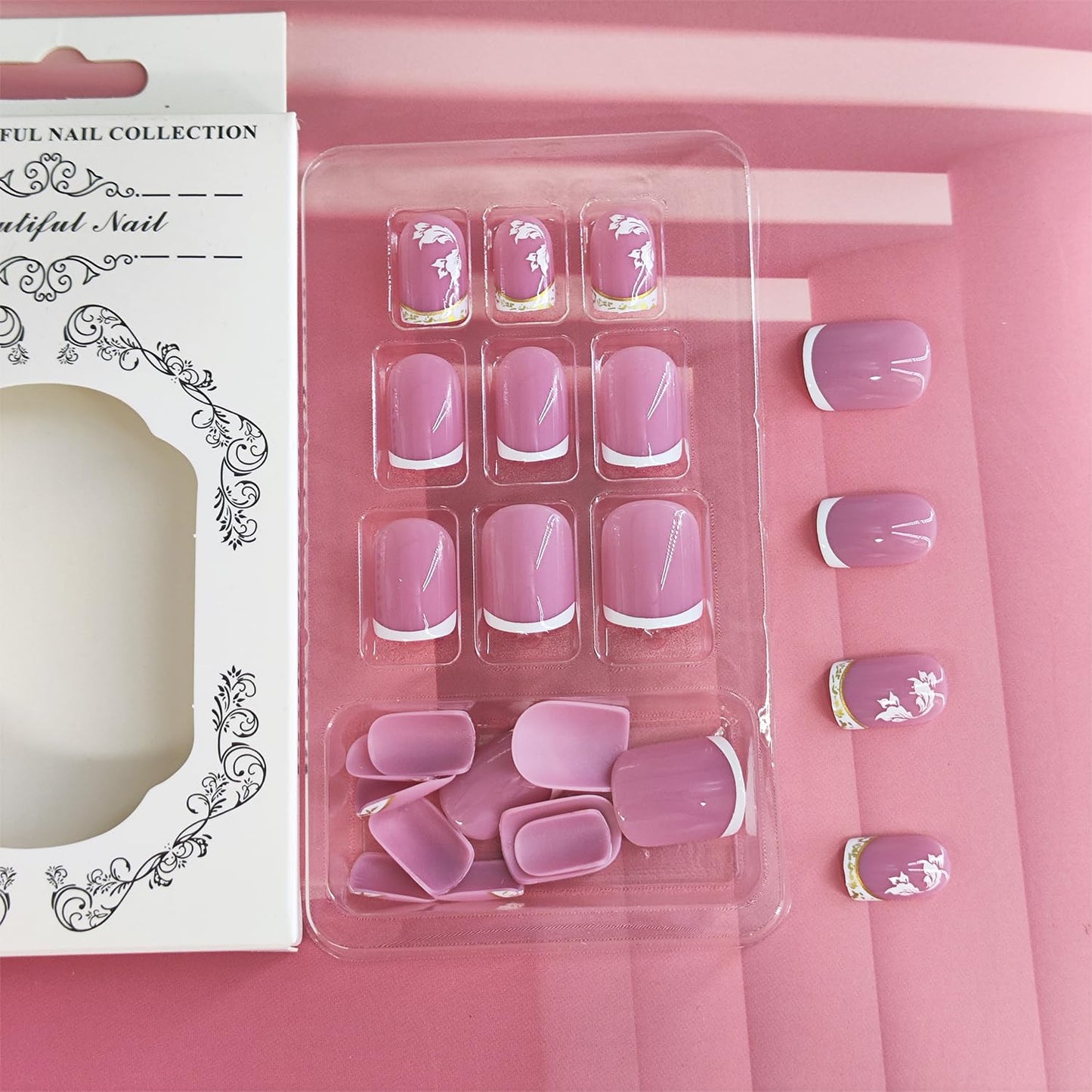 White French Tip Press on Nails Short Square Fake Nails with Flower Designs Summer Floral Glue on Nail Reusable Artificial Extra Short Acrylic Full Cover Stick on False Nail for Wedding Women 24 Pcs