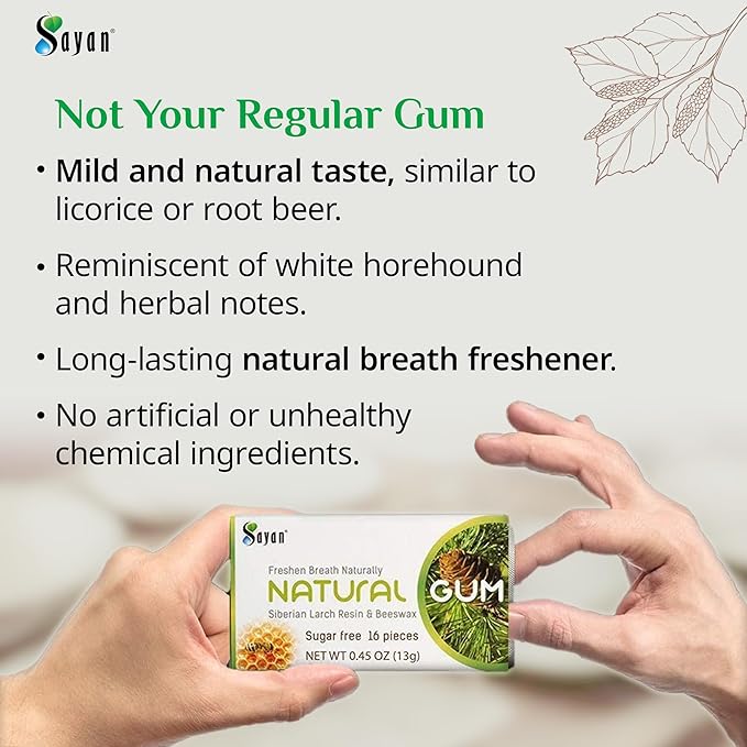 Sayan Sugar Free All Natural Gum, Siberian Larch Tree Resin and Beeswax Chewing Gum for Fresh Breath, Vegetarian, Non-GMO, No Sugar, Gluten Free, Aspartame Free, No Preservatives - 2 Packs (32 Pieces)
