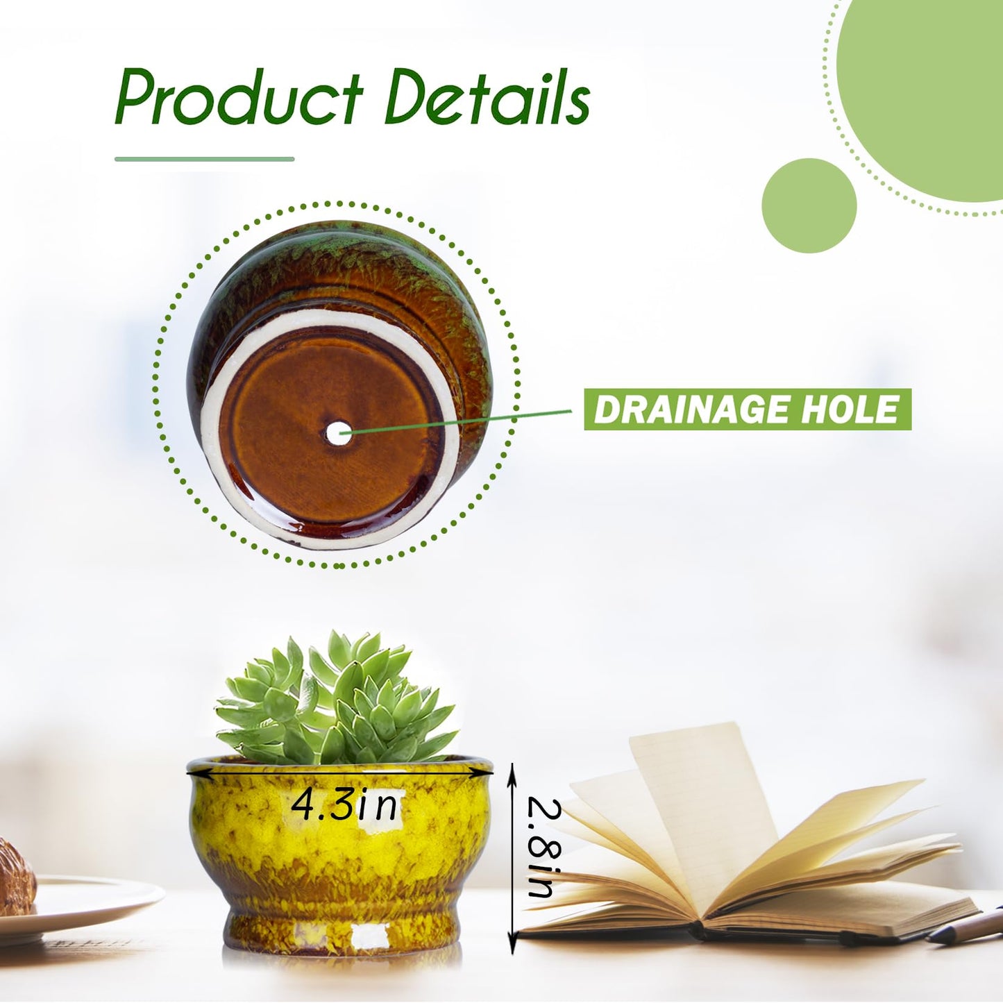 ARTKETTY Succulent Pots - 4.3 Inch Small Plant Pots with Drainage Set of 5, Ceramic Pots for Indoor Plants Glazed Cactus Flower Planter Container