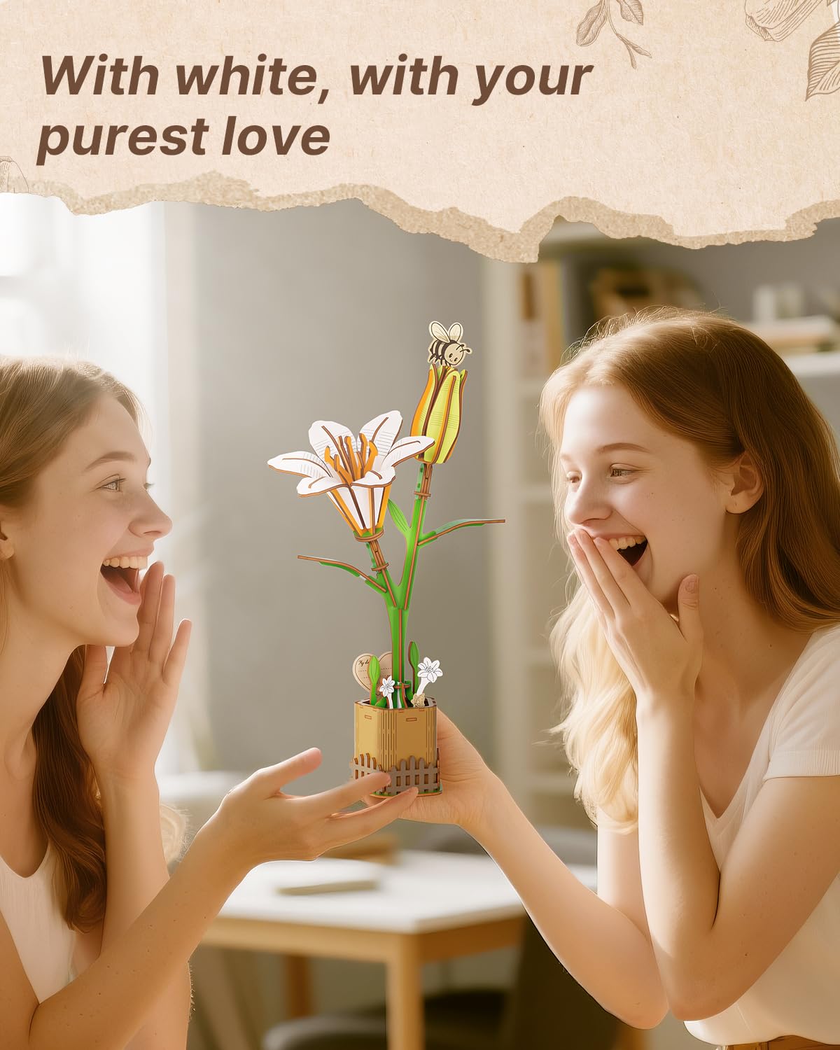 KAAYEE 3D Flower Wooden Puzzles for Adults, 70 PCS Wood Lily DIY Craft Kit Brain Teaser Creative Gift for Puzzle Lovers Home Decors Fake Flowers for Table, Desk, Office