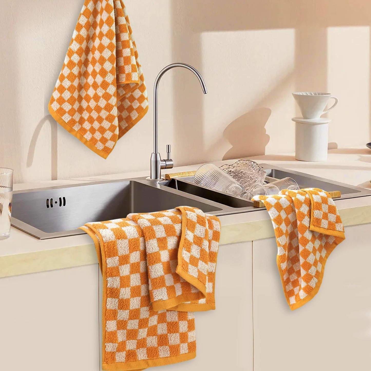 Jacquotha Soft Hand Towels 4 Pack, Orange Checkered Kitchen Towels Set, Decorative Bathroom Decor 13x29 Inches