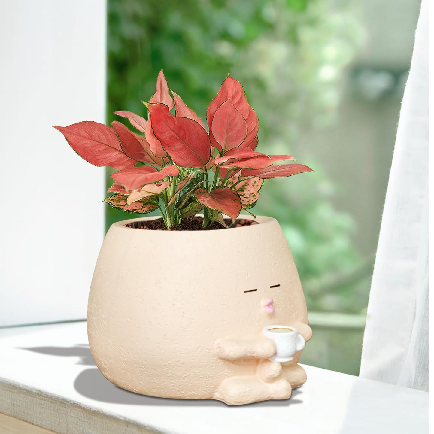 Toparad Smily Face Planter Pot with Coffee Cup Cute Resin Flower Head Planters for Indoor Outdoor Unique Sit Succulent Pots with Drainage Hole Gift IdeaI for Mother Christmas (Khaki)