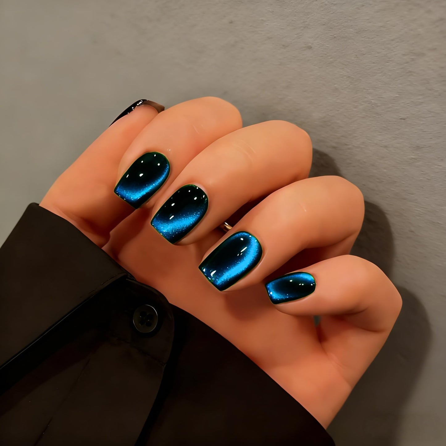 KQueenest Cat Eye Press On Nails Short - Dark Ocean Blue Press On Nails Square, 30 Pcs 15 Sizes Glitter Black Fake Nails Press ons, Thick Quality, Reusable Small Glue on Nail for Women Goth Party