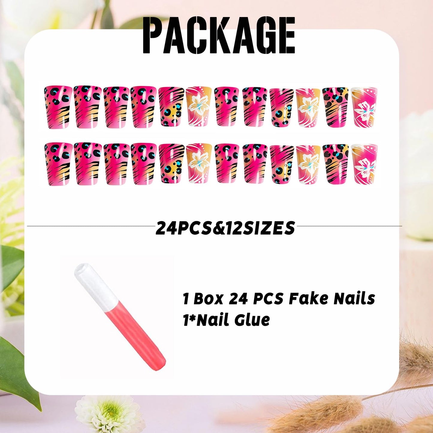 IMSOHOT Pink Press on Nails Medium Duck Fake Nails Glossy Glue on Nails with Flower & Leopard Print Designs Full Cover Summer Acrylic Duckbill False Nails for Women Girls Manicure Decoration