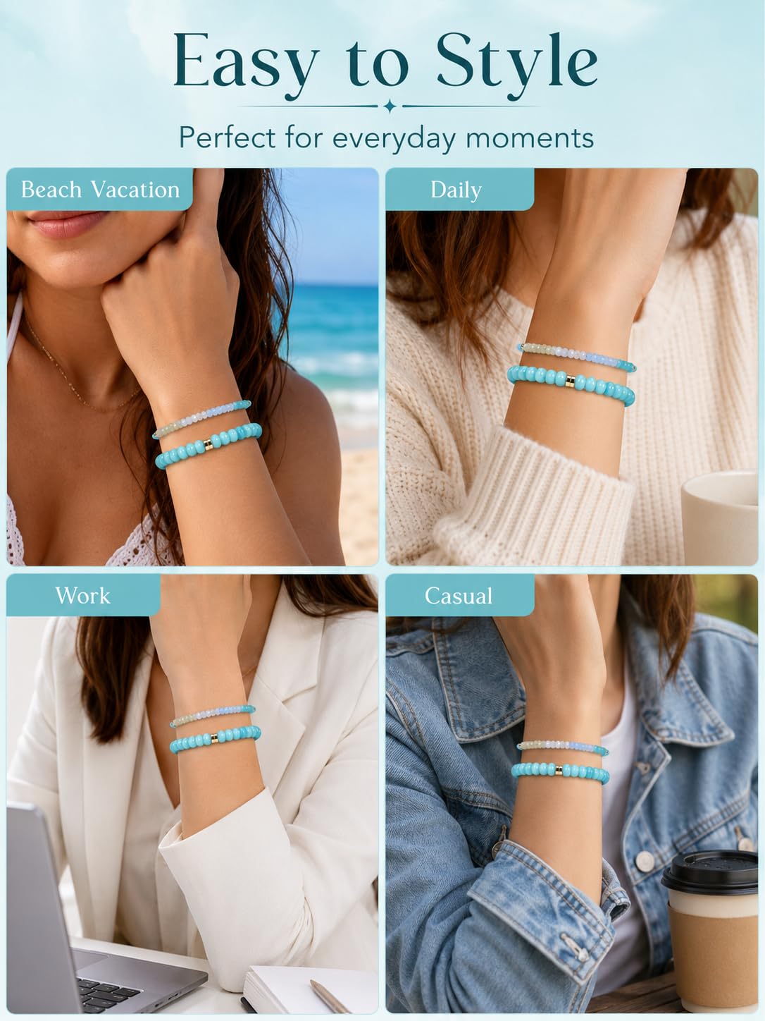 CrystalTears Amazonite Beaded Bracelets for Women, 2pcs Stackable Boho Crystal Gemstone Bracelets Set with Stretch Bracelet and Adjustable Braided Bracelet Summer Beach Jewelry Gifts for Women Her