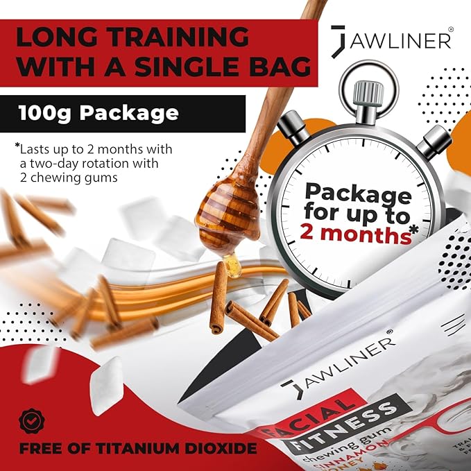 Jawliner® - Pioneers the Toughest Handmade 15x Harder Jawline Gum Includes 12 Weeks Coaching - Sugar-Free Cinnamon Honey Gum - Jawline Exerciser for Mewing & Shaping the Jaw (2 Months Pack)
