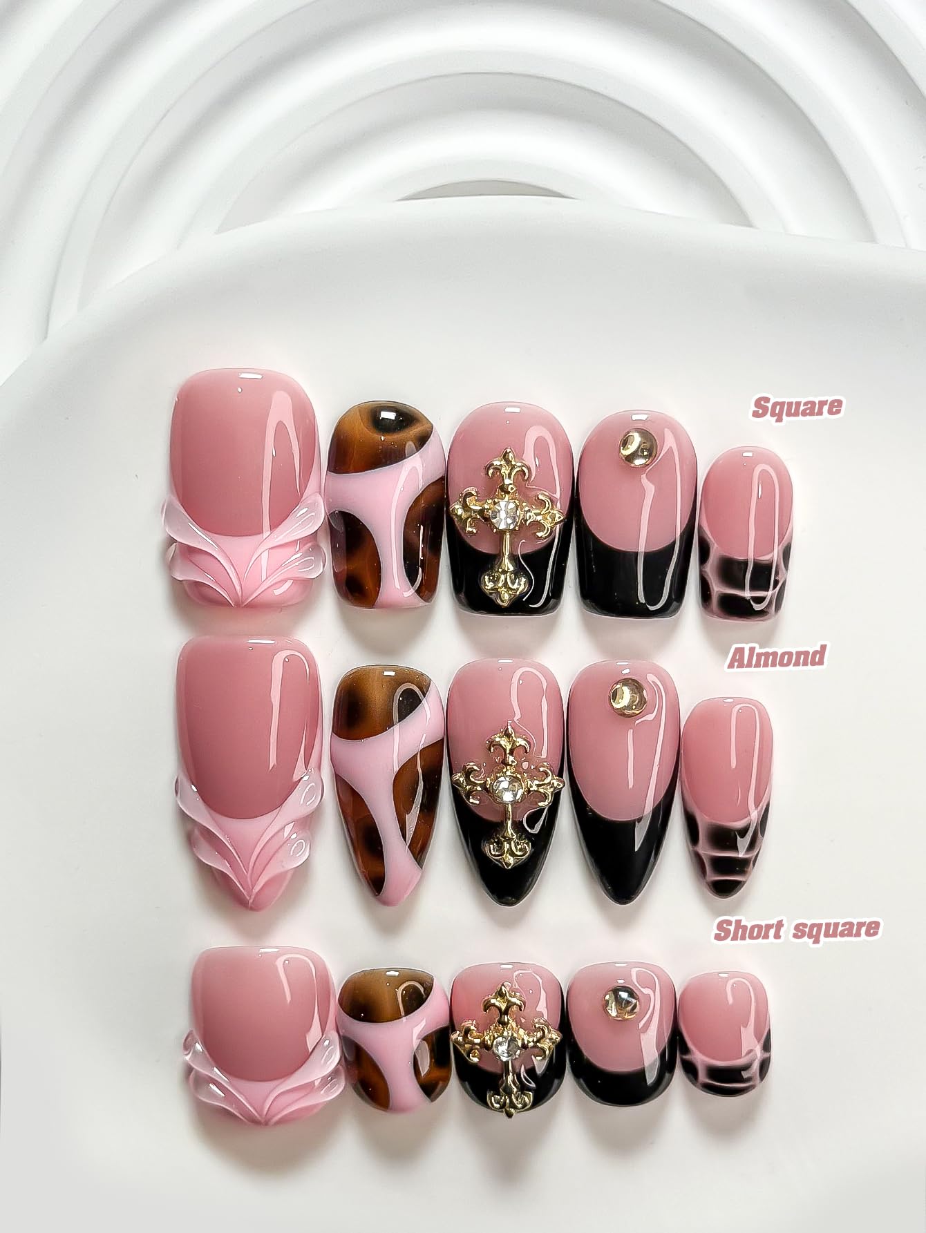 Curatique Handmade Press on Nails - Artificial Acrylic Nails Blue French Tips Stick on Nails 3D Pearl Fake Fingernail Summer False Nails for Women Manicure 10 Pcs (Pink Grunge, M, Almond)