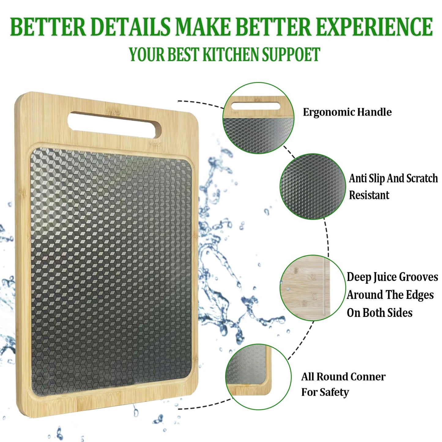 Double Sided Bamboo&Stainless Steel Cutting Board with Juice Groove and Handle, Non Toxic, Wooden Chopping Boards for Kitchen,Charcuterie Board,Ideal Gift for Housewarming(15”×11”Large YC)