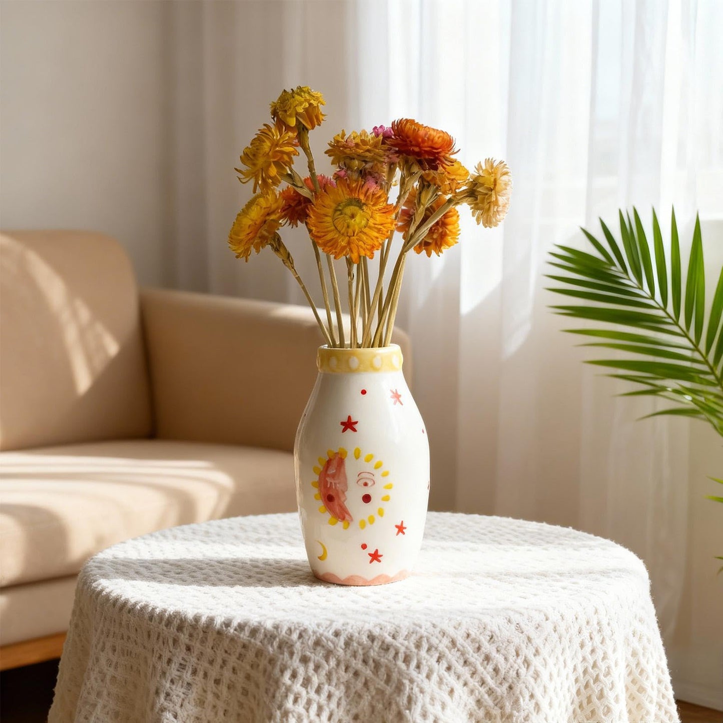MOUGIGI Unique Ceramic Vase, Cute Boho Decor, Small Cream Vase for Dried Flowers or Single Bud - Sun and Moon Face Design
