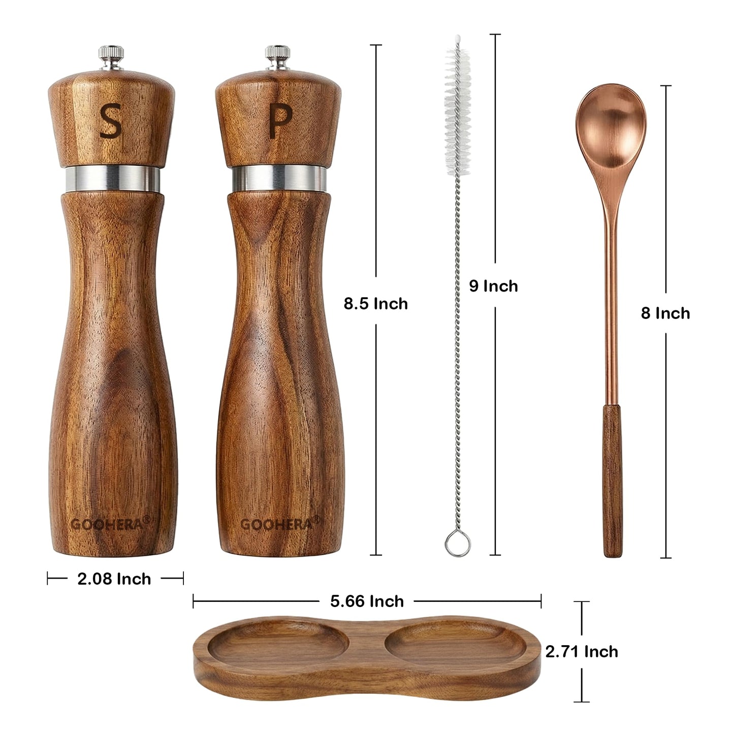 Premium Acacia Wood Salt & Pepper Grinder Set, 8-Inch Manual Mills with Adjustable Coarseness, Ceramic Core, Matching Tray, Spoon & Cleaning Brush – 2 Pack