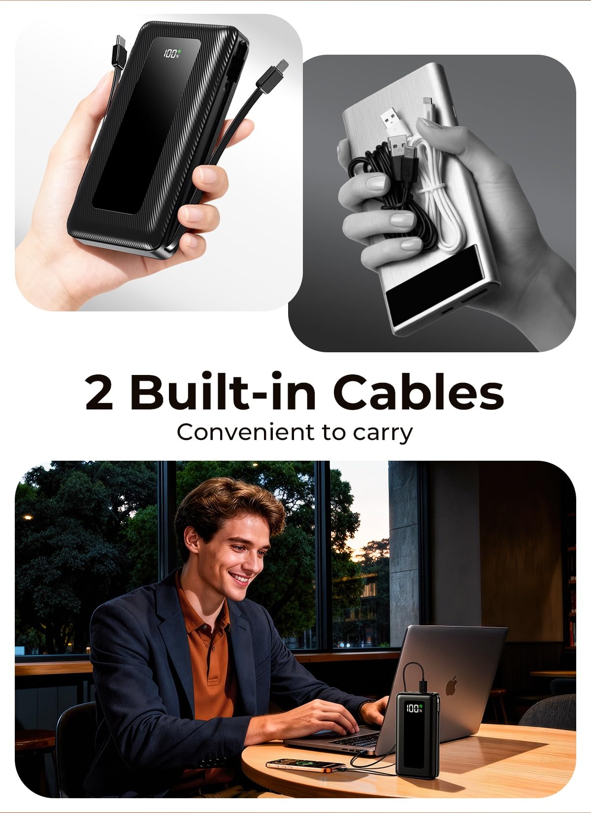 JKELAR Power Bank, 50000mAh Portable Charger, Travel Camping Essential Battery Pack with Built-in Cables, PD 22.5W Fast Charging, Large Capacity Portable Phone Charger, Jet Black