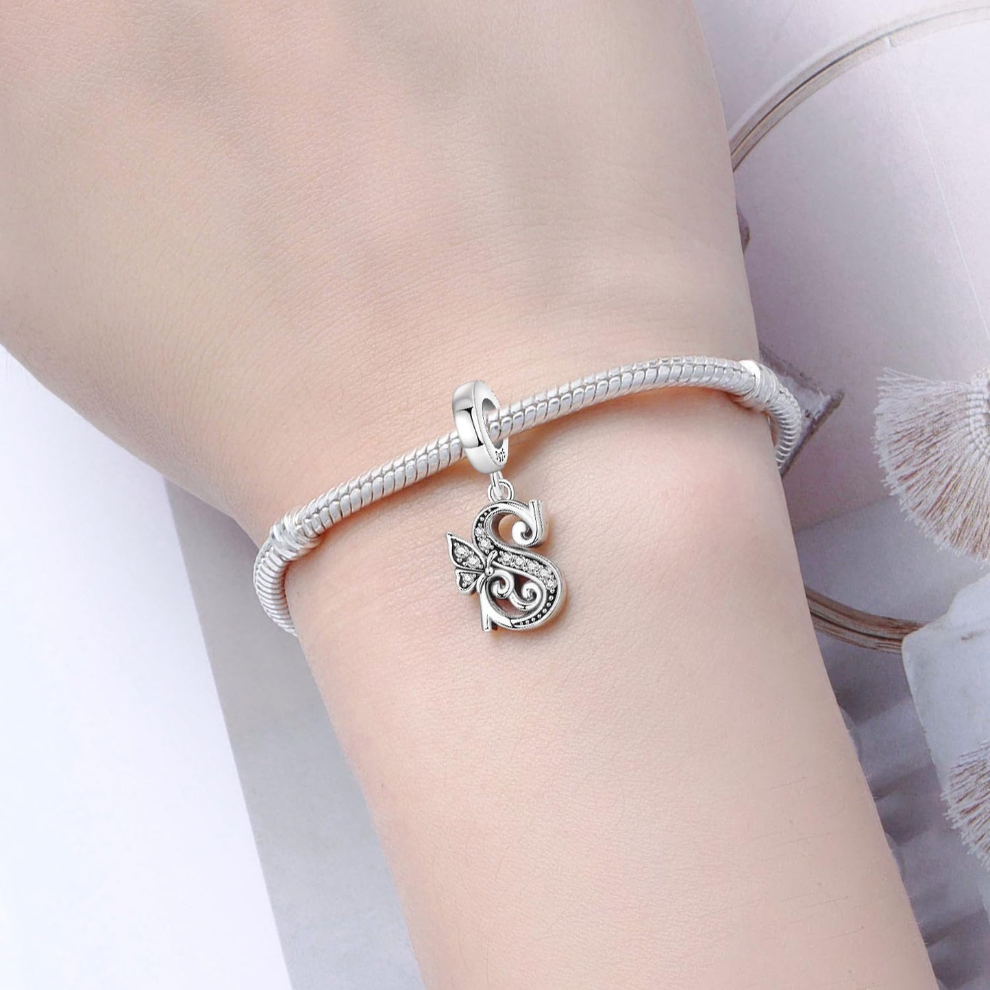 PANPOKI 2 Pack 925 Sterling Silver Butterfly Letter Charms for Bracelets and Necklace Alphabet Dangle Pendants Round Spacer Beads Pave Cubic Zirconia Jewelry Gift for Women (S Set)