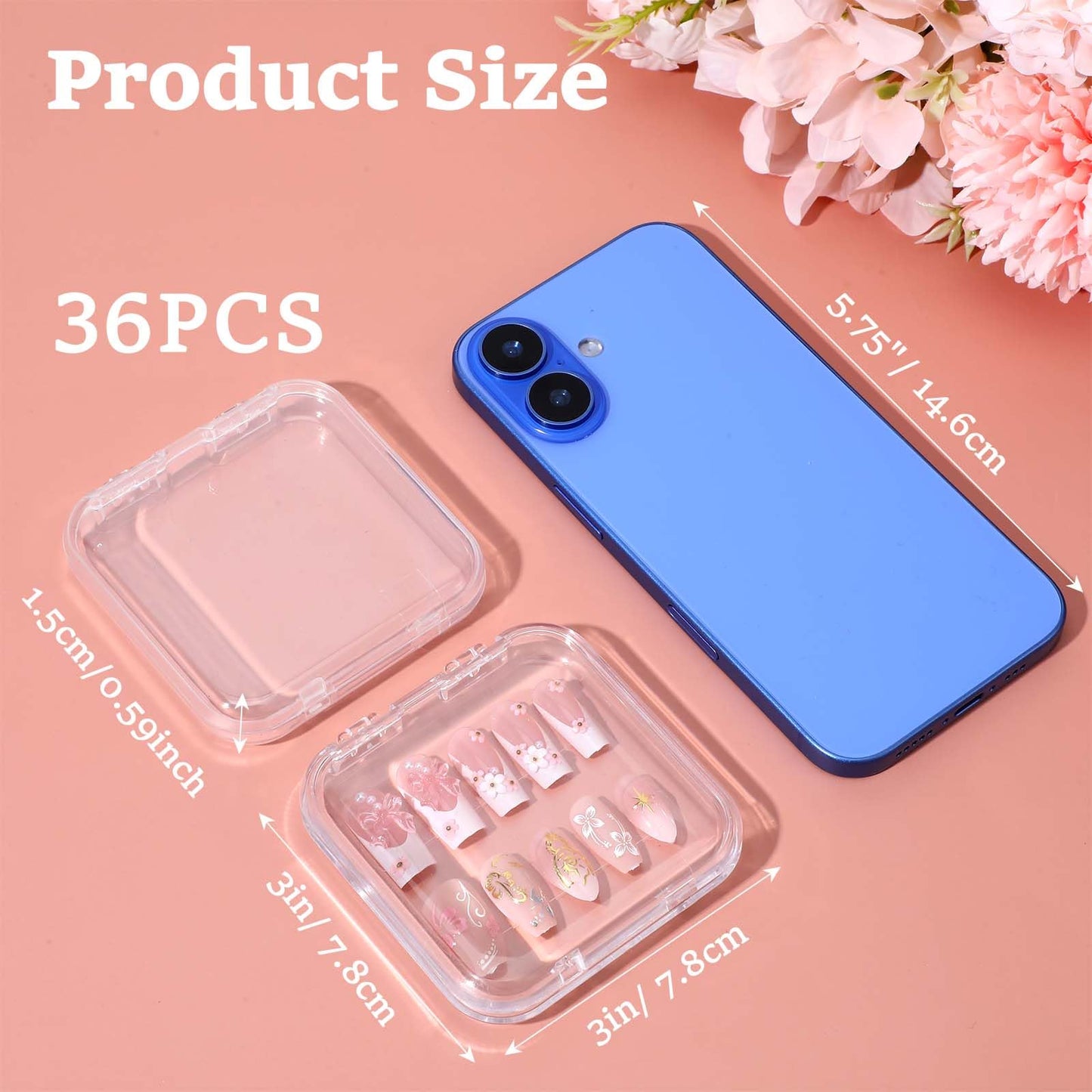 Pafeooui 36 Pcs Press On Nail Storage Boxes, Storage Case, Clear Acrylic Fake Nail Organizer Container for Nails Display Salon Supplies 3x3x0.6 Inch