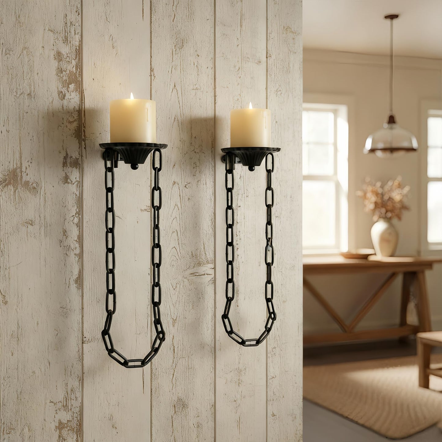Candle Sconce(Set of 2)-Medieval Metal Wall Decorations-Gothic Retro Chain Wall Candle Sconces-Black Wall Sconces