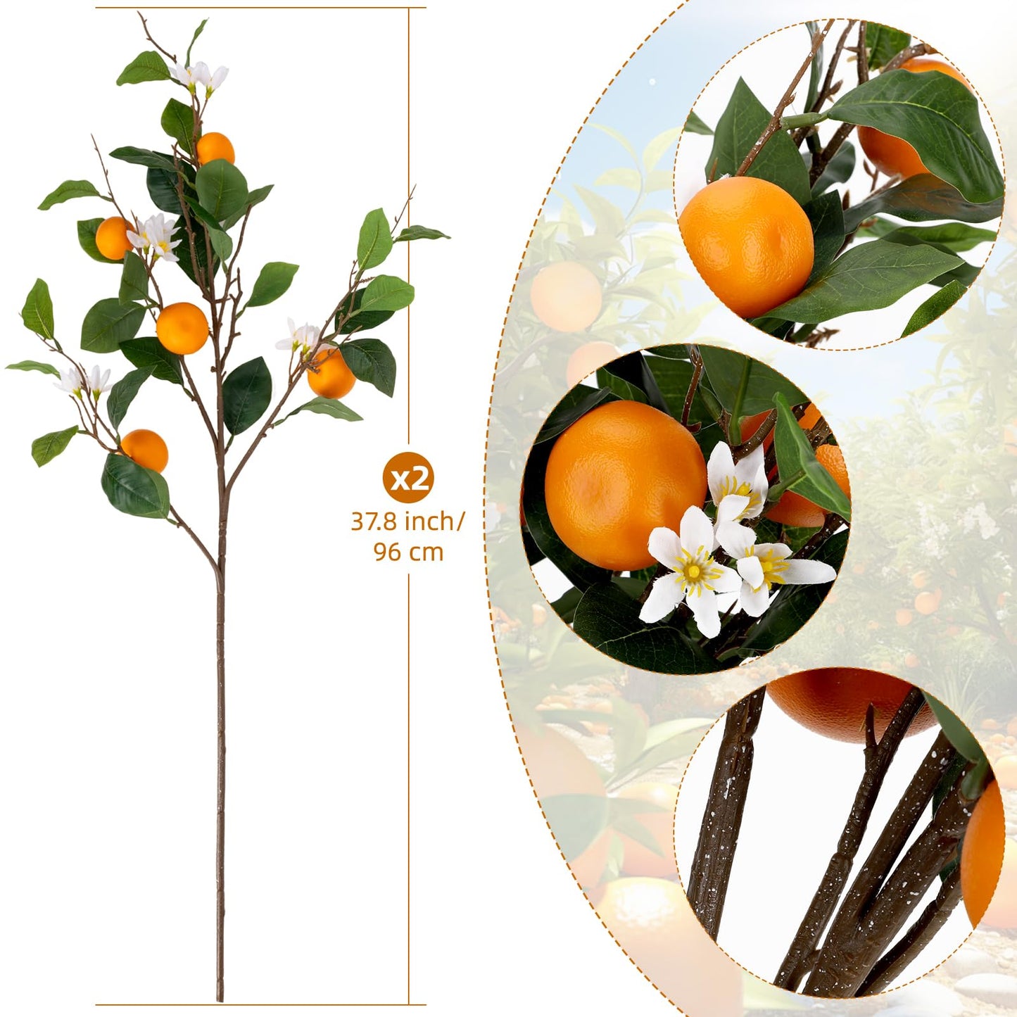 2PCS 37.8Inch Artificial Tangerine Branches Artificial Orange Branches Fake Orange Stem 10 Fruit with 20 White Flowers Long Stem for Home Party Wedding Office Thanksgiving Indoor Outdoor Decor