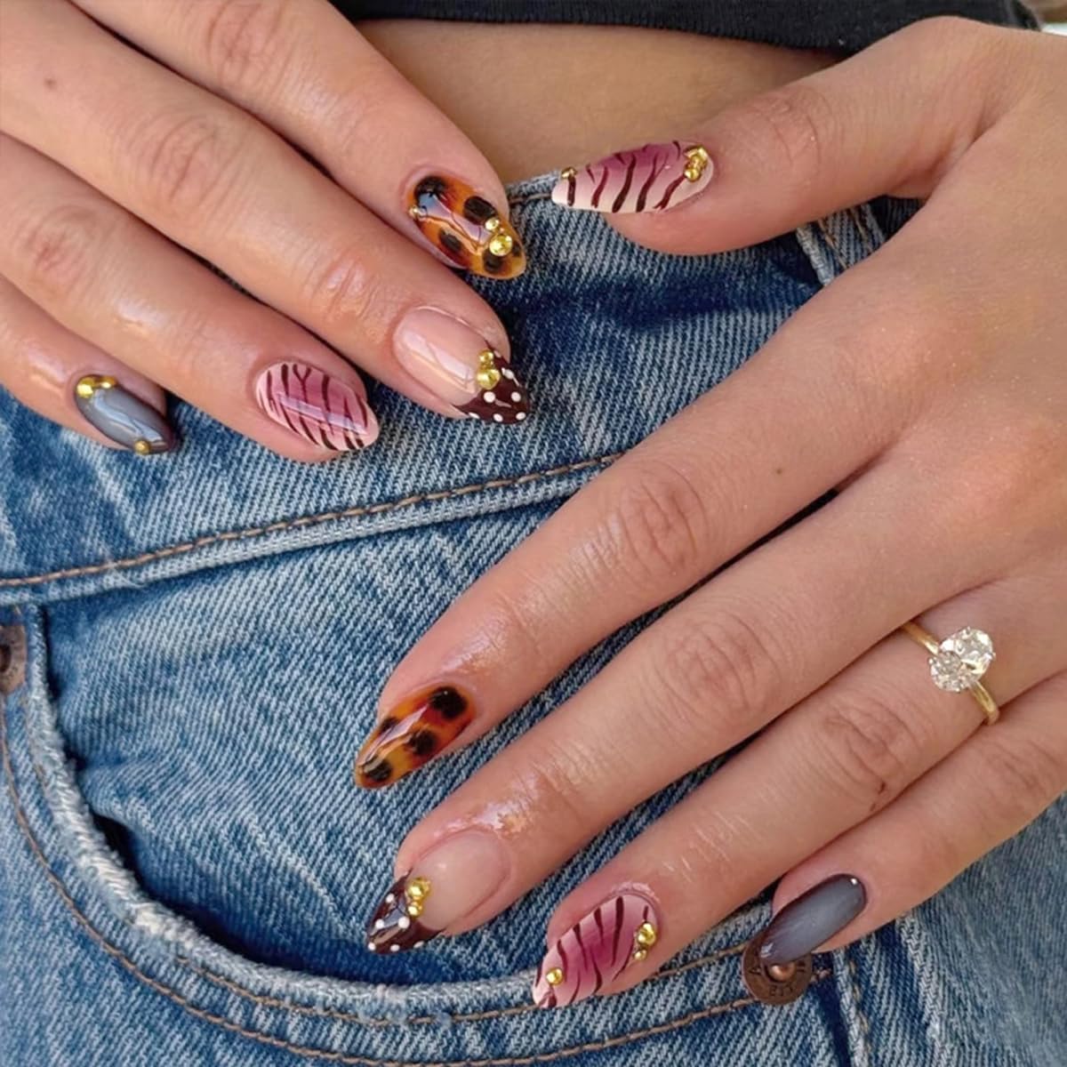 Medium Almond Press on Nails - French Tip Fake Nails with Tortoiseshell | Zebra | Polka Dot Designs False Nails Summer Glue on Nails Reusable Full Cover Stick on Nails for Women Manicure 24Pcs