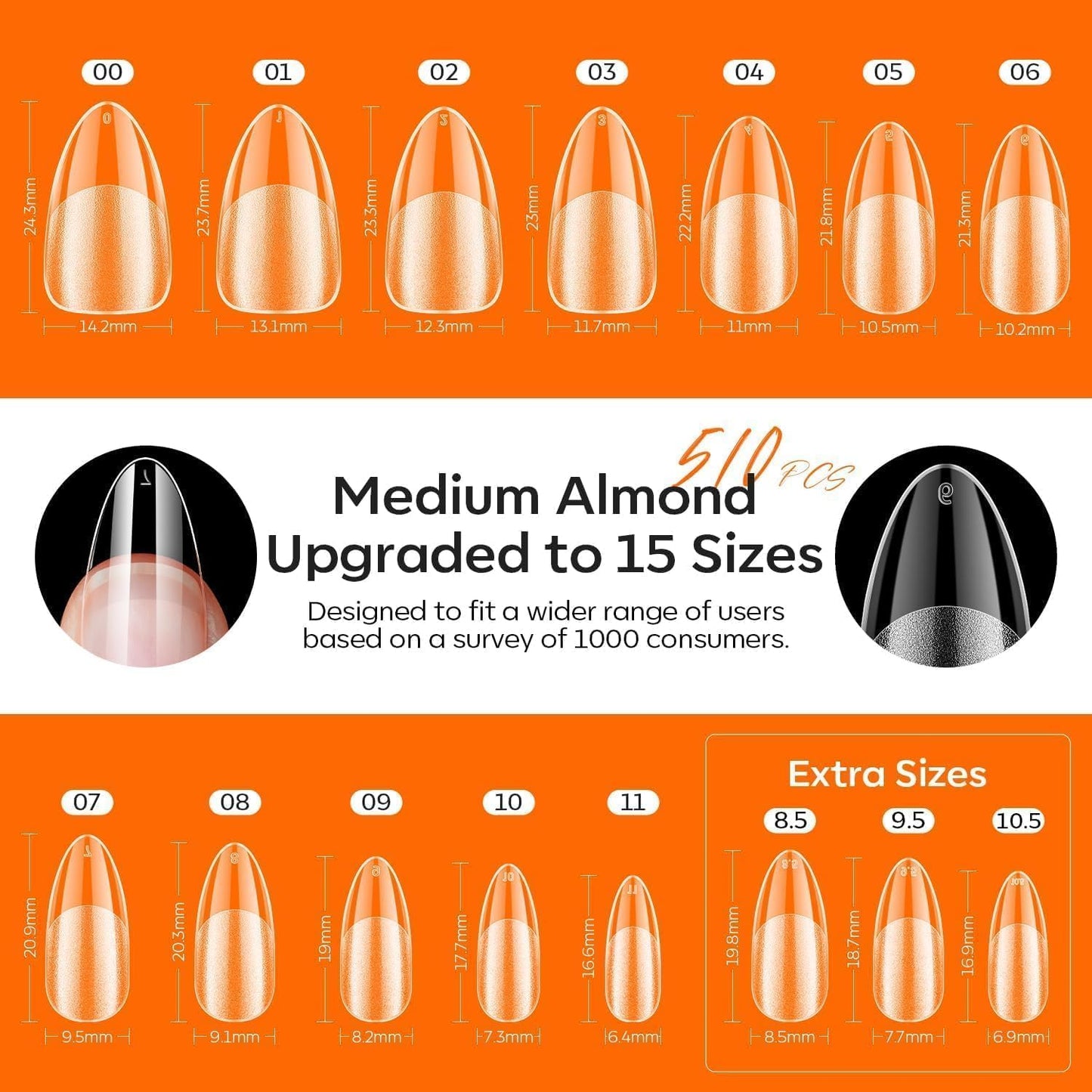 modelones X Nail Gel Kit Almond, Upgrade 15Sizes Fake Nails, 9-in-One Glue Dehydrator & Mini U V Light Clipper, 510Pcs Medium Almond Press on Tips for Extension DIY Salon Home Gift