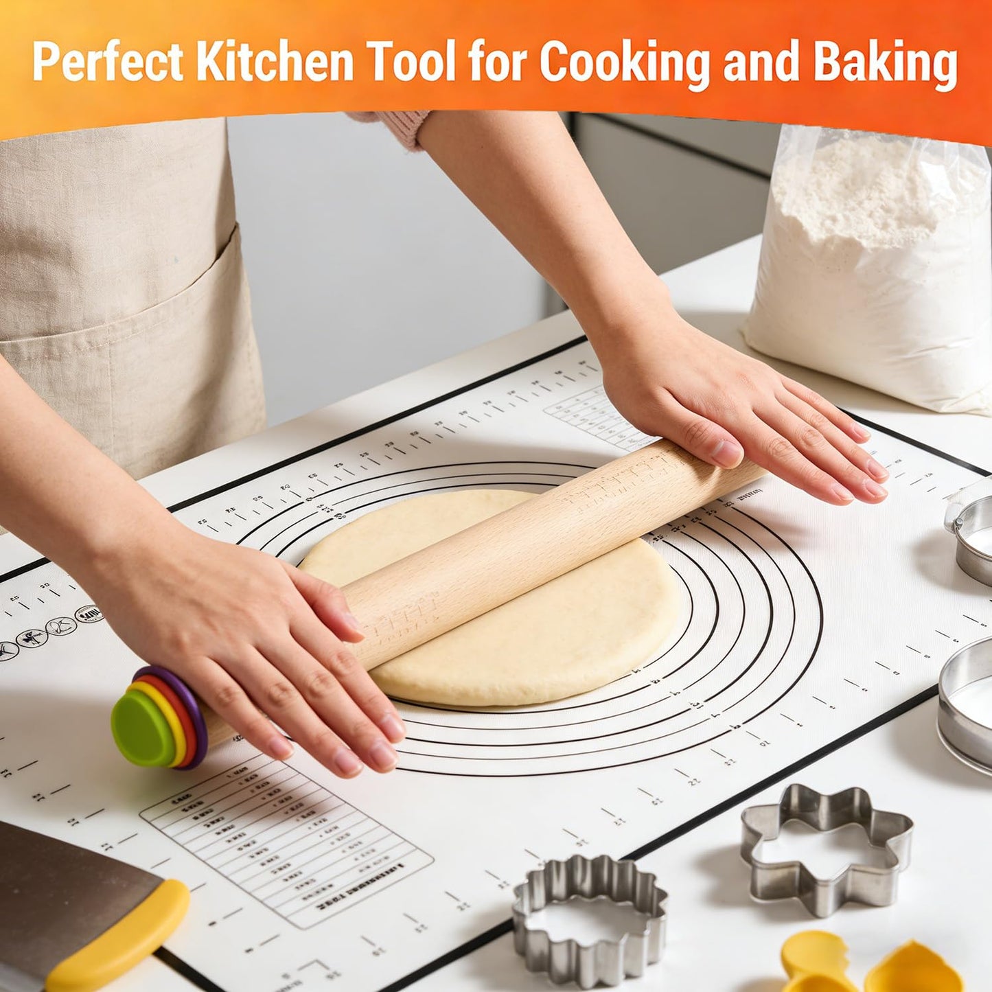 forusom Rolling Pin With Thickness Rings, Adjustable Wooden Rolling Pin Set, 17 inch Rolling Pins for Baking, Biscuit, and Dough Kneading, Pizza Dough, Paster Roller