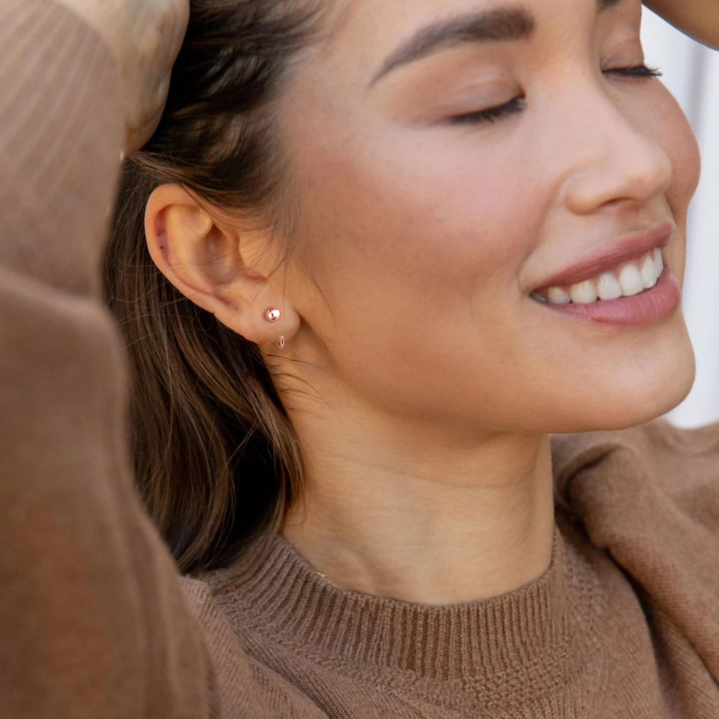 Half Hoop Earrings 18K Rose Gold Plated 925 Sterling Silver Ball Huggies Hoop Earrings for Women Little Ball huggie hoops Open Hug Hoop Earrings