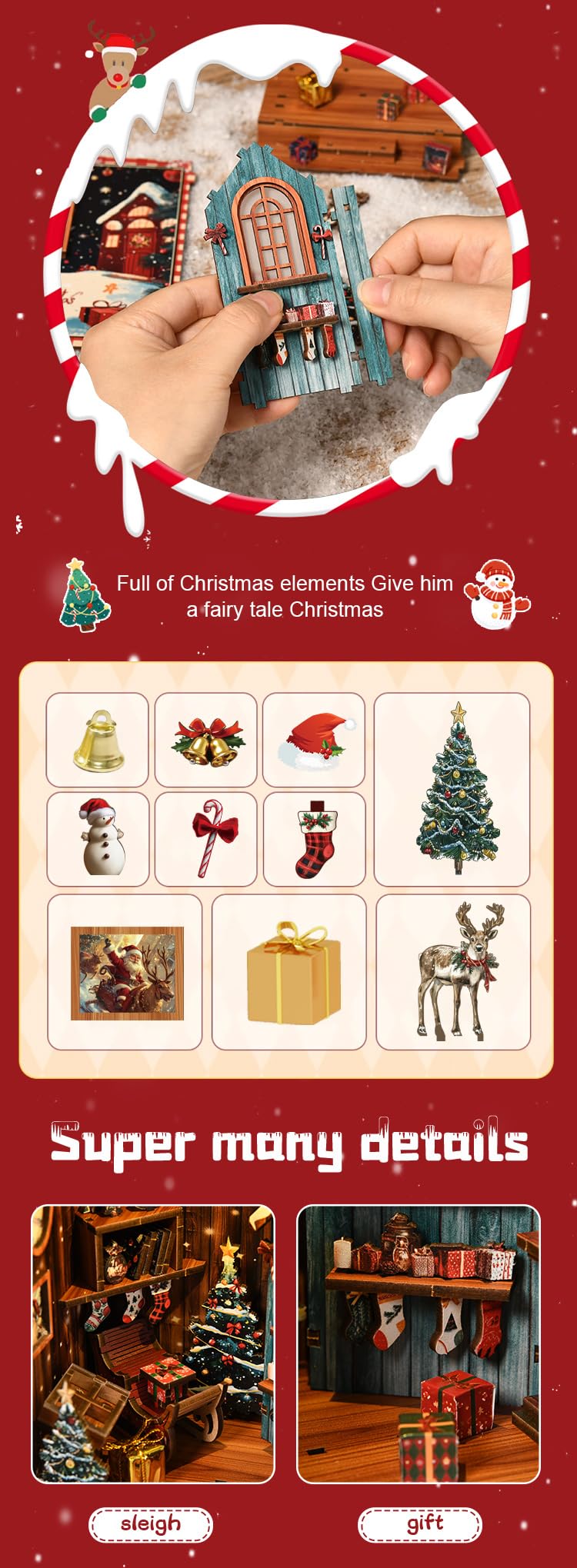 NEXTIPS DIY Mini Book Nook Kit, Snow Realm Wei Pavilion 3D Wooden Puzzle with LED Lights, Christmas Themed Bookshelf Decor, 161 Pcs Adult Craft Model for Home & Gift