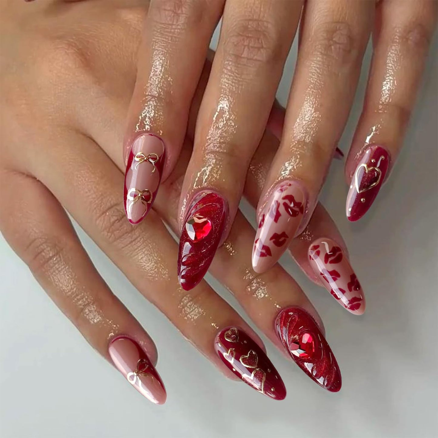 VOTACOS Cat Eye Red Press on Nails Almond Medium Y2K French Tip Acrylic Fake Nails Press Ons with Designs 3D Cherry Heart Bow Glue on Nail for Women 24PCS Reusable Artificial Stick on False Nail